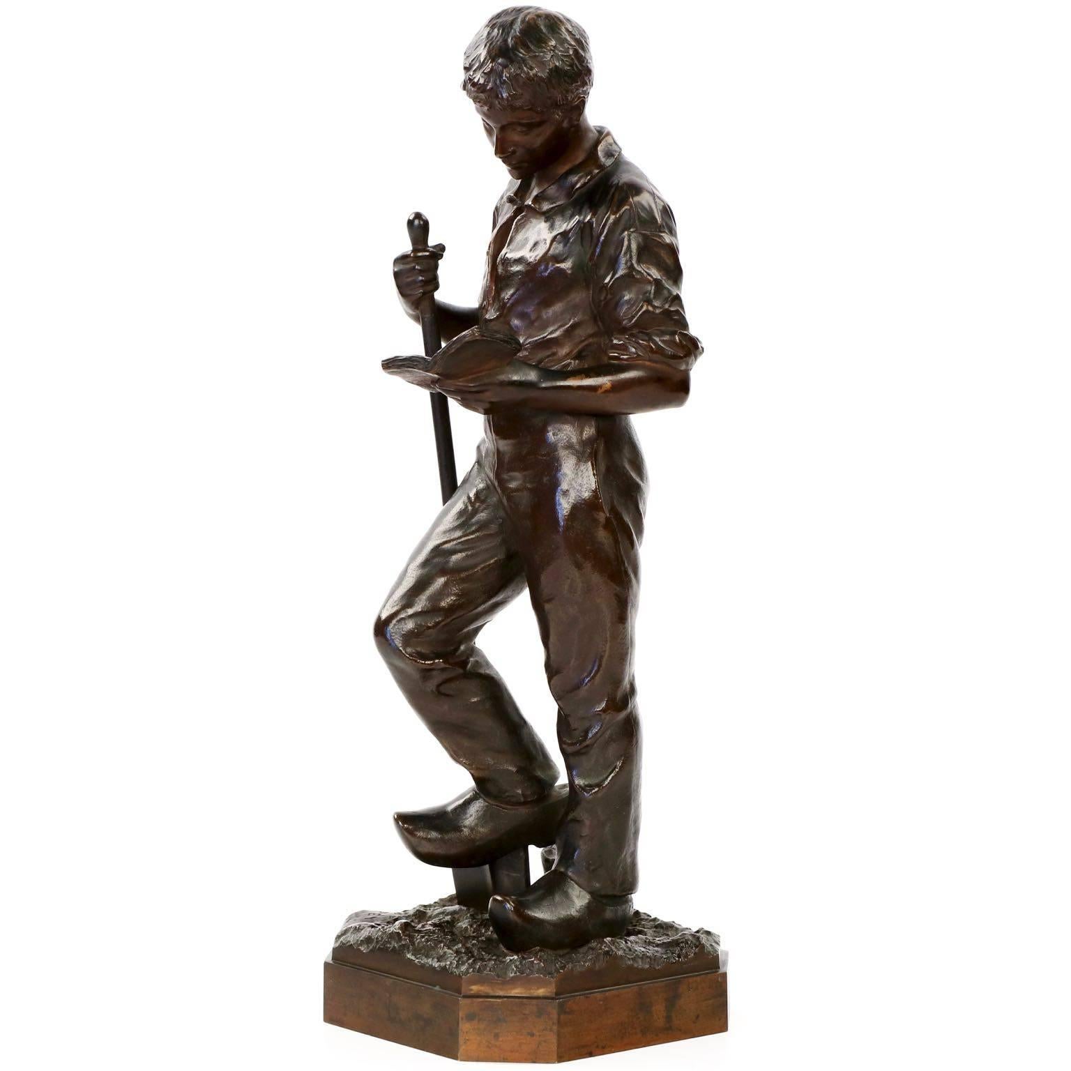 French Bronze Sculpture of Laborer Studying by Hippolyte Peyrol