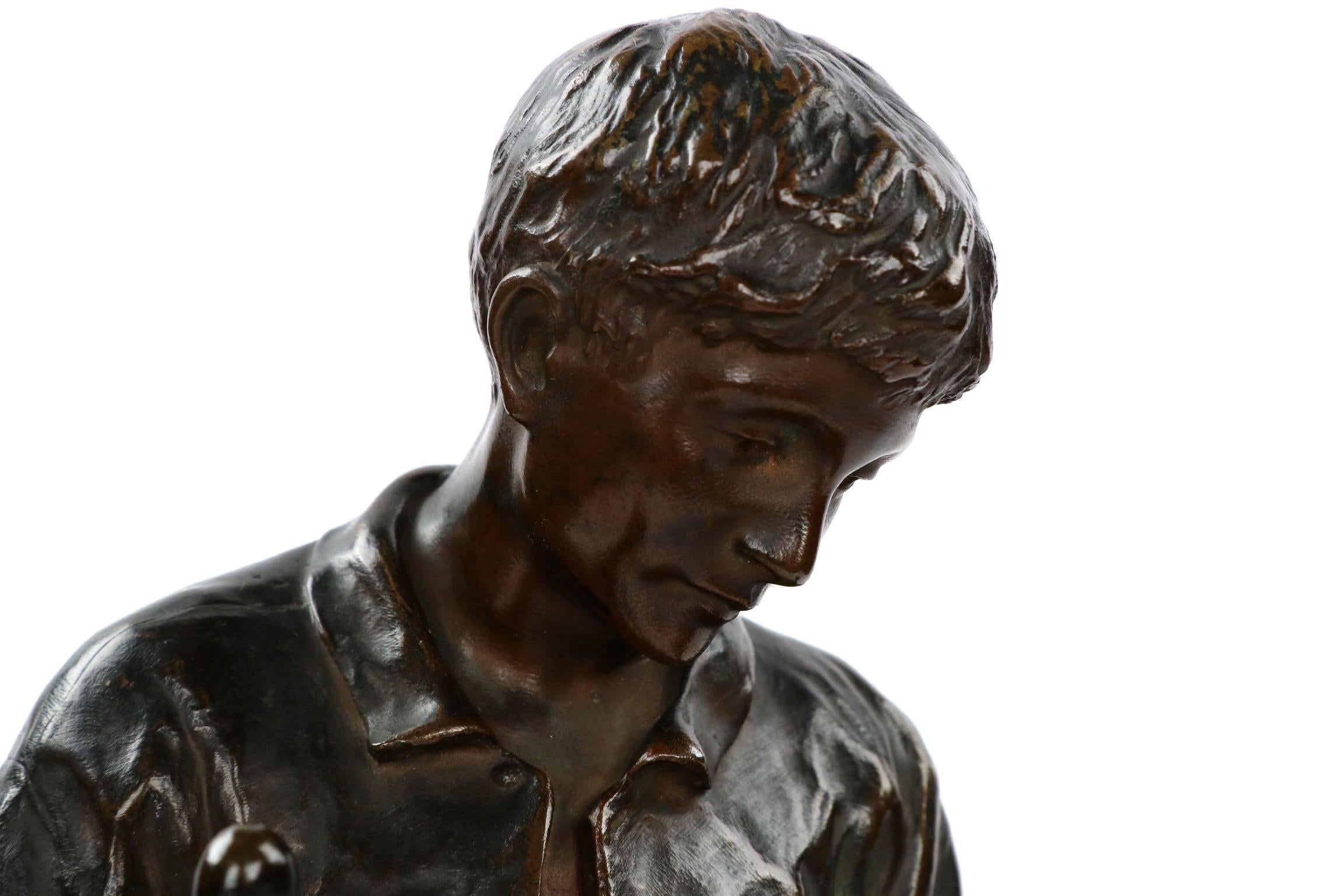 French Bronze Sculpture of Laborer Studying by Hippolyte Peyrol 1