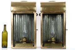 Pair of English Domed Brass Hanging Wall Oil Lamp Lanterns, 19th Century