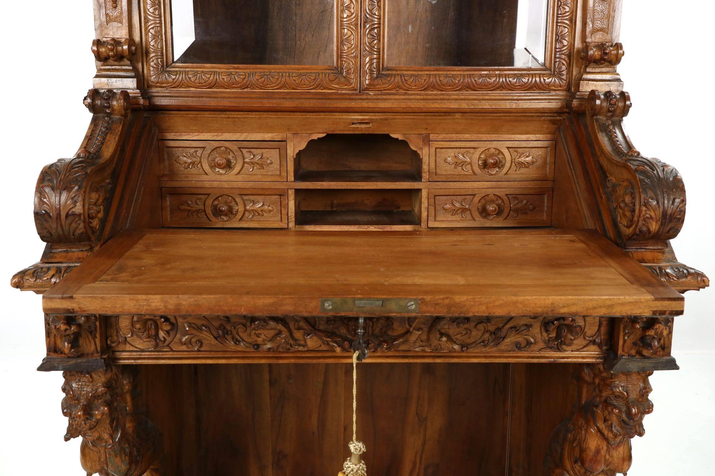 Italian Renaissance Revival Antique Secretary Desk with Bookcase, 19th Century 1
