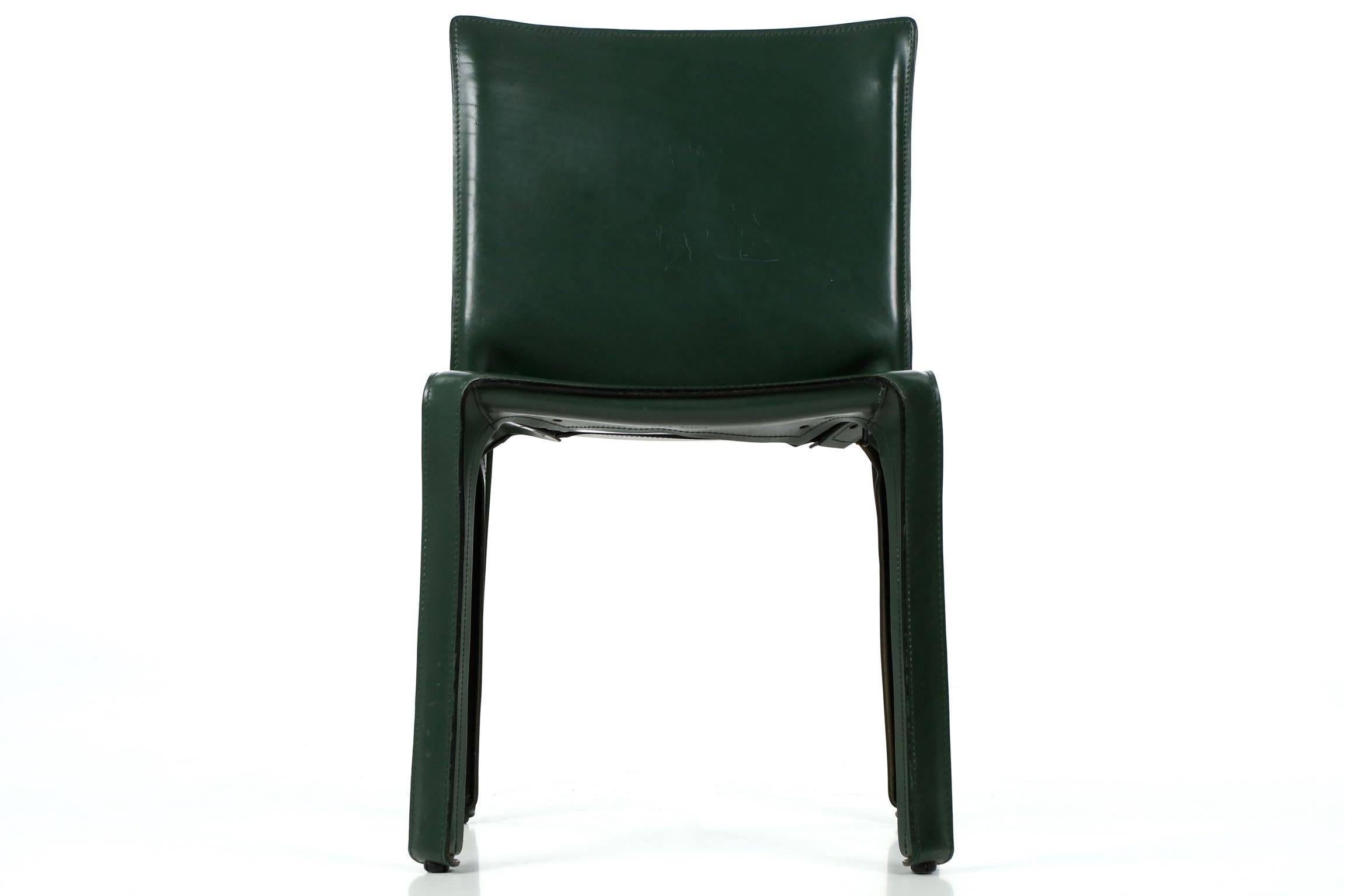 “Cab” Green saddle leather side chair by Mario Bellini for Cassina.
Circa, third quarter of the 20th century, impressed 