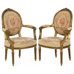 Pair of French Antique Armchairs Fauteuils in Louis XVI Taste, 19th Century