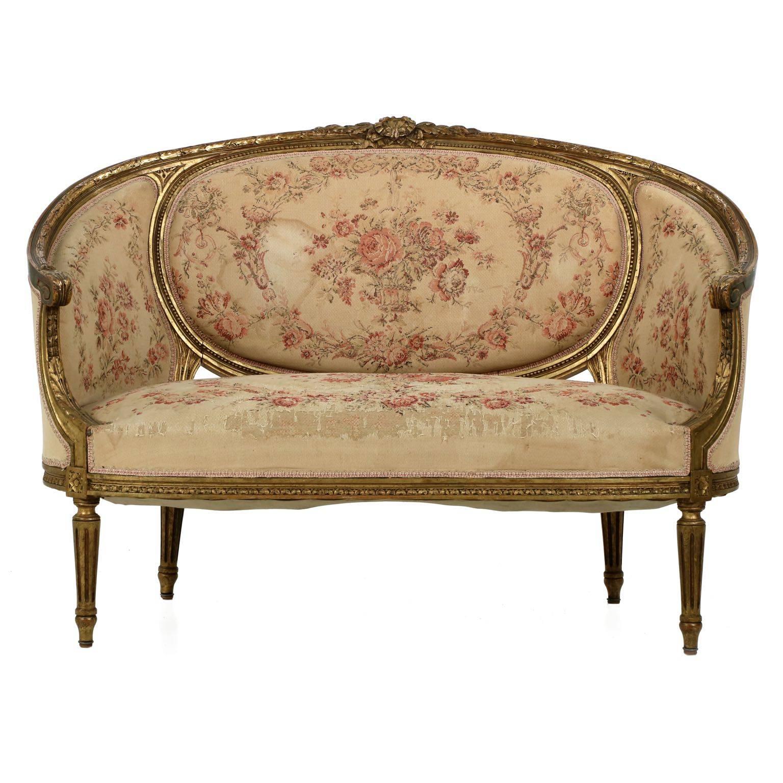 French Louis XVI Style Carved Giltwood Antique Canape Settee Sofa, 19th Century