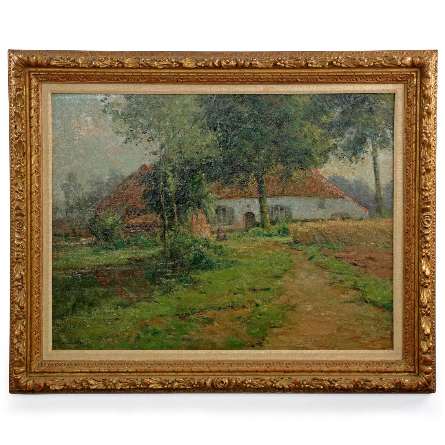 Fine Belgian Landscape Painting "Cottage by Lake" by Léon Riket