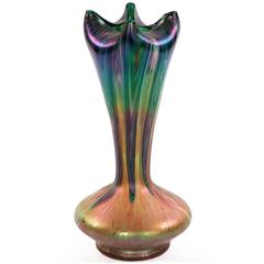 Fine Handblown Art Nouveau Pulled Feather Iridescent Vase Attributed Rindskopf