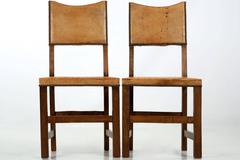 Set of Eight English Oak and Leather Vintage Dining Chairs, Early 20th Century