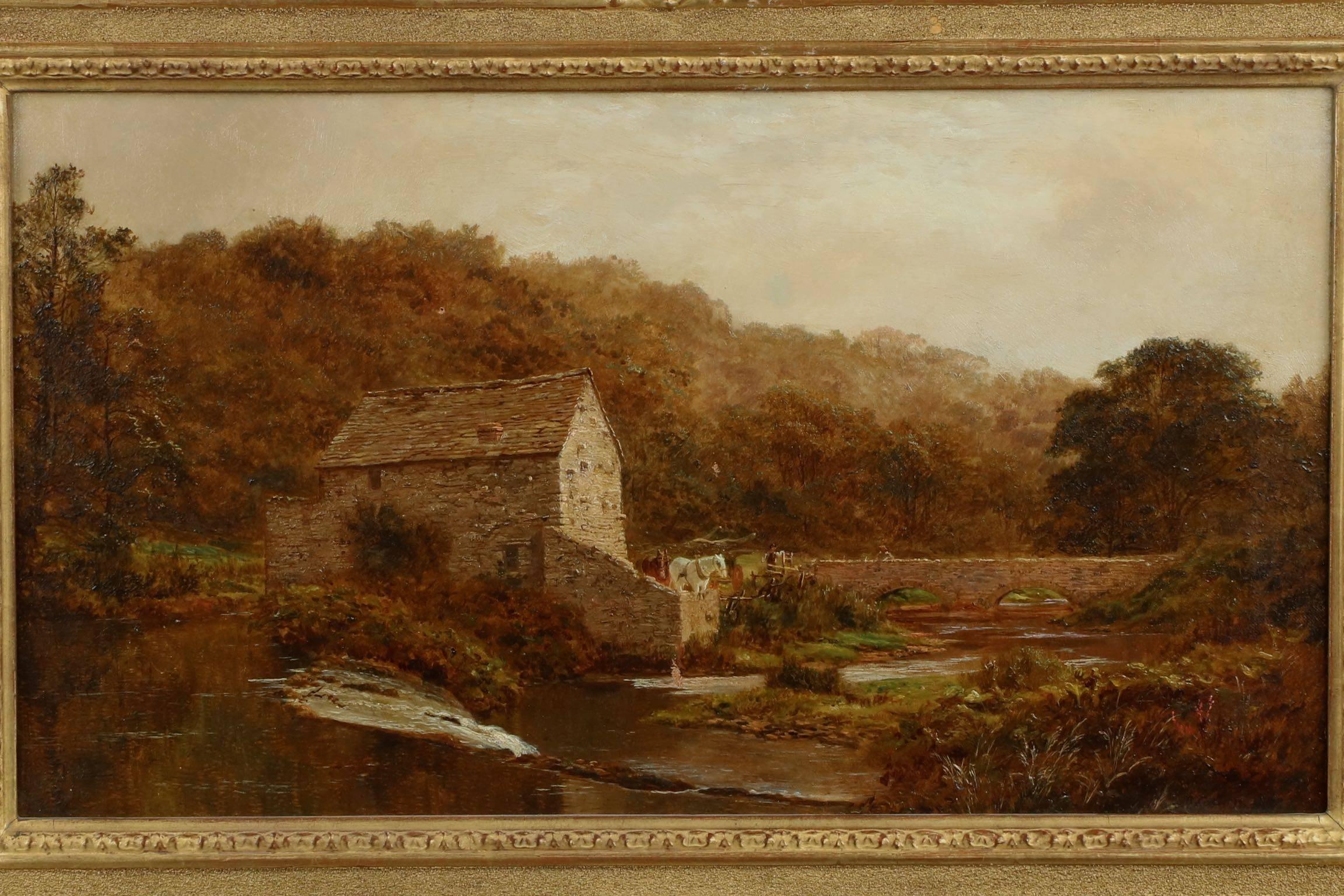 The opposite view of this exceptional painting by Robert Gallon is held in the Lancaster Maritime Museum in Lancaster, United Kingdom; this work is painted from the opposite side, looking down the river at the mill and bridge from above the dip in