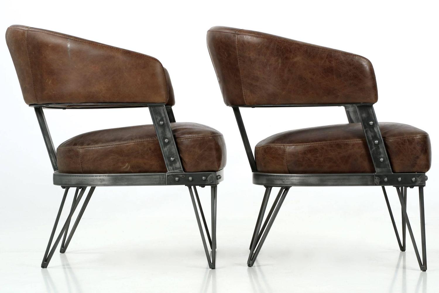 Modern Pair of French Industrial Style Leather and Patinated Steel Arm ...