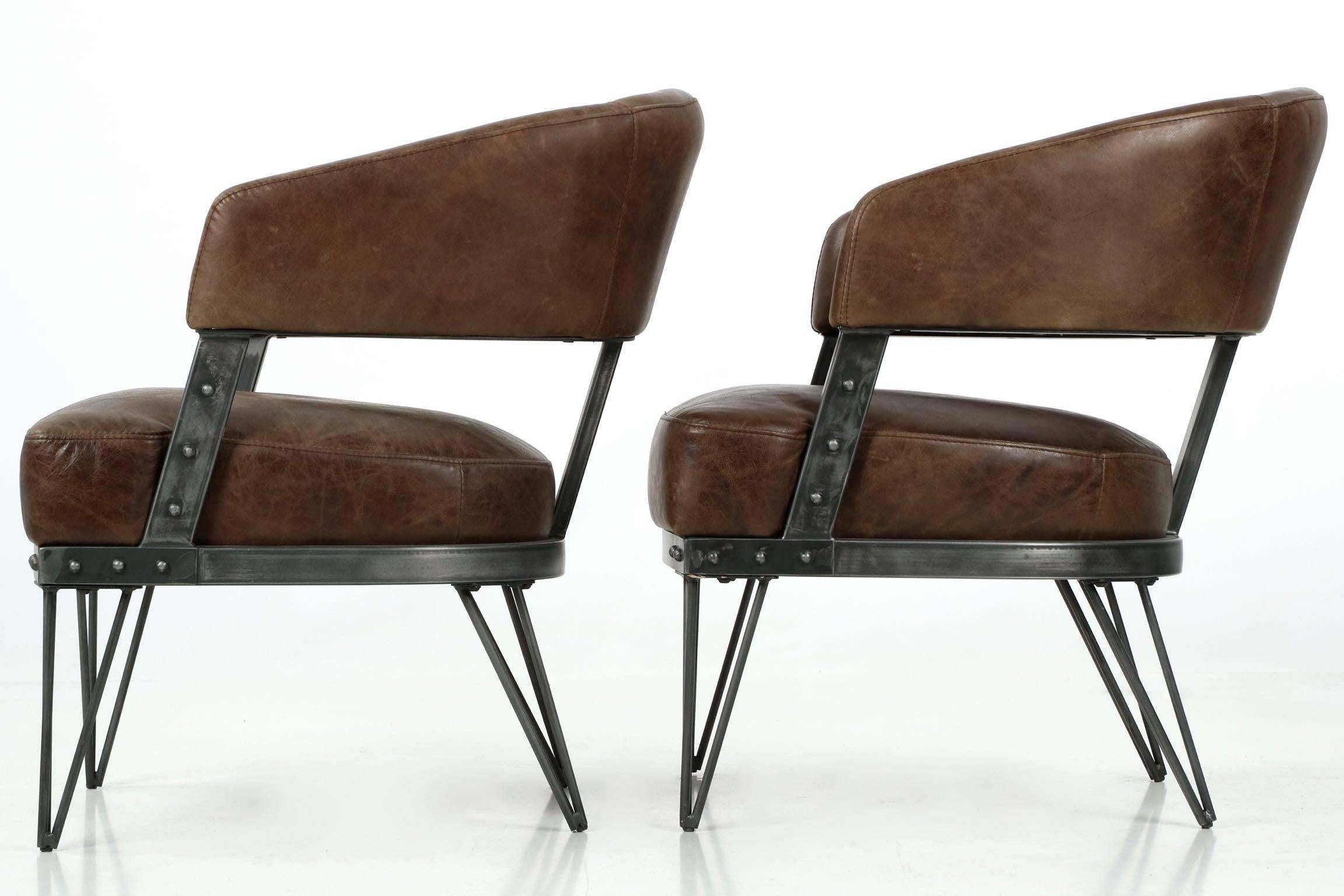 Contemporary Modern Pair of French Industrial Style Leather and Patinated Steel Arm Chairs