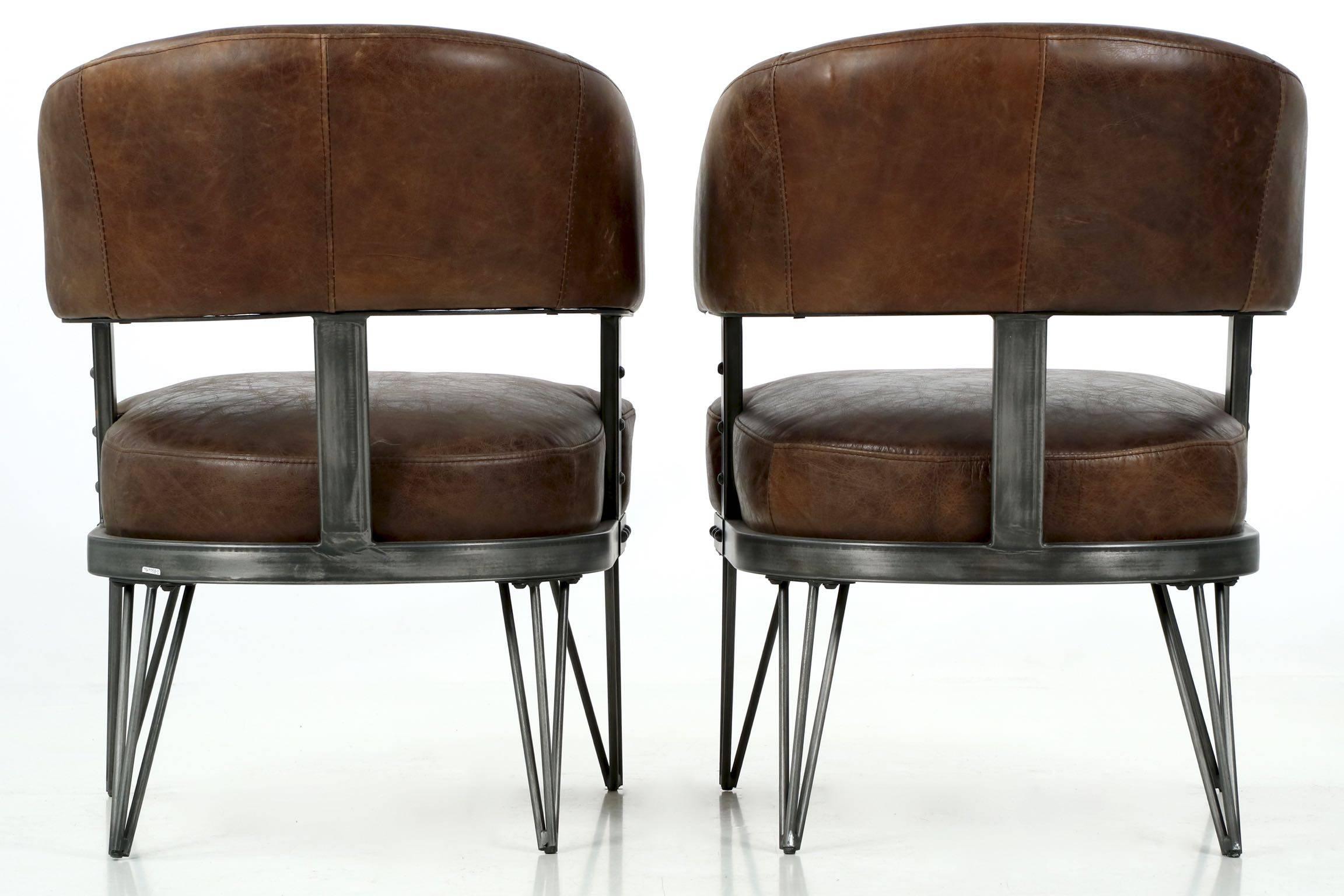 Modern Pair of French Industrial Style Leather and Patinated Steel Arm Chairs In Excellent Condition In Shippensburg, PA