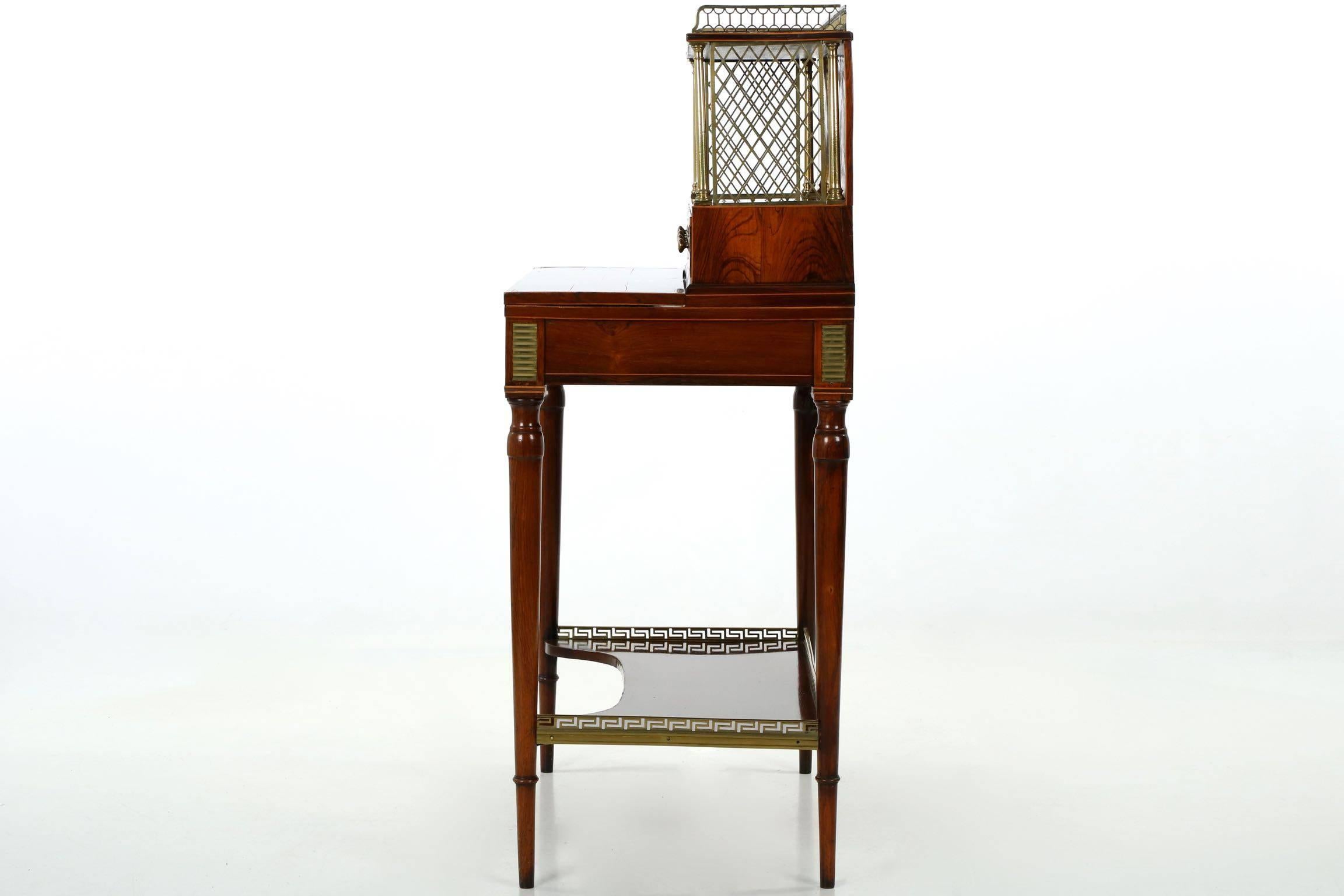 Brass Regency Rosewood Bonheur du Jour Antique Writing Desk, English circa 1820