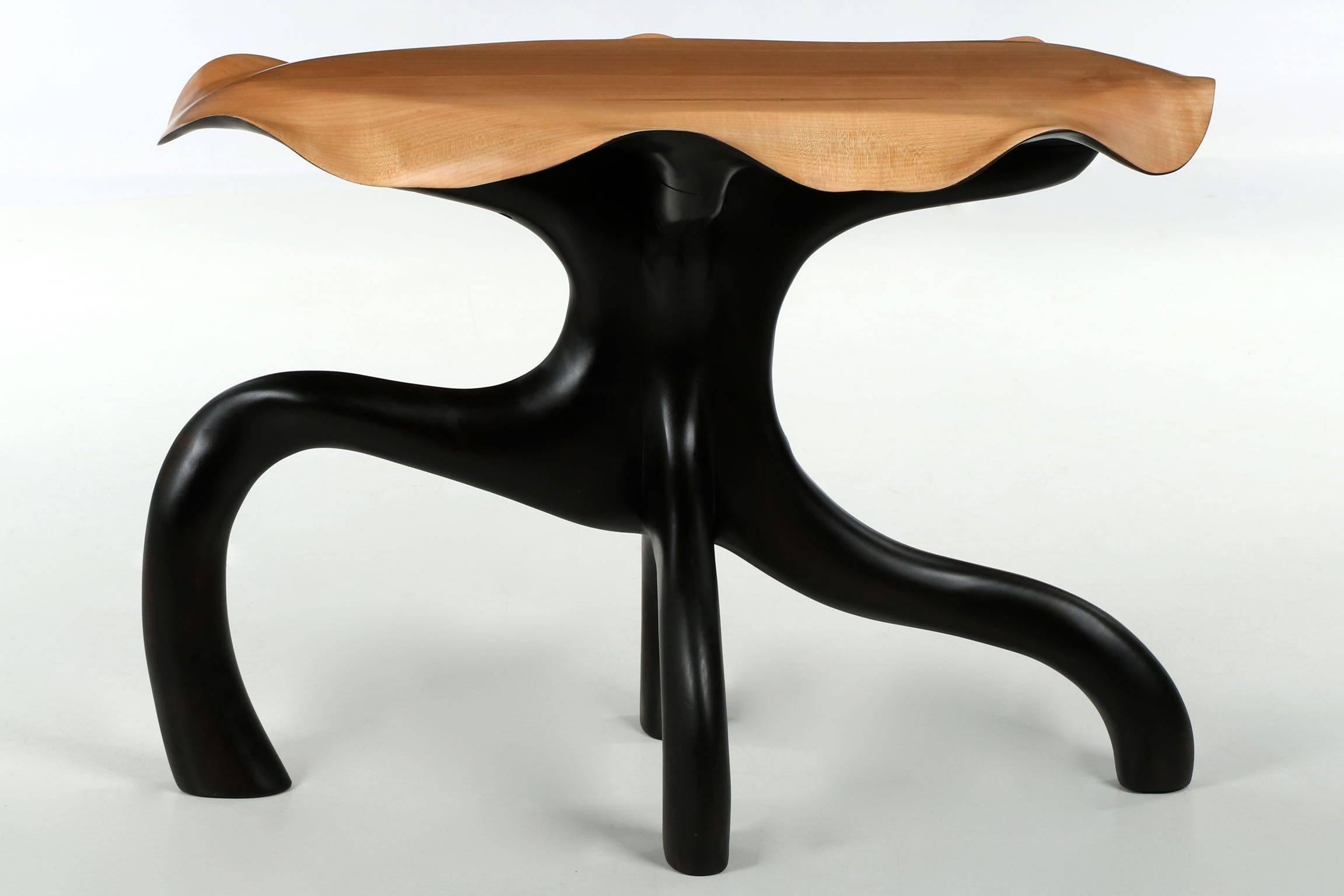 Carved Exceptional Organic Modern Sculpted Poplar and Ebonized Maple Side Table