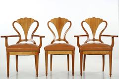 Set of Six Art Deco Style Fruitwood and Leather Dining Chairs, 20th Century