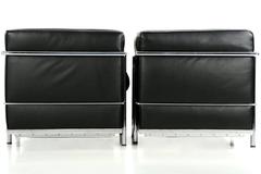 Pair of Black Leather and Chrome Steel Club Armchairs in Le Corbusier LC2 Style