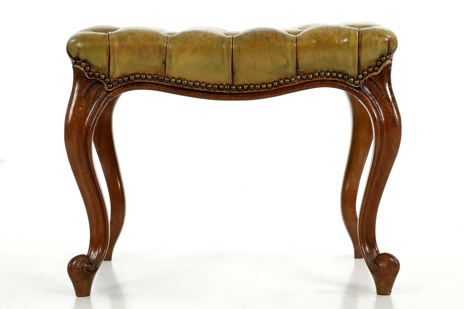 French Rococo Green Tufted Leather Antique Footstool Ottoman For Sale