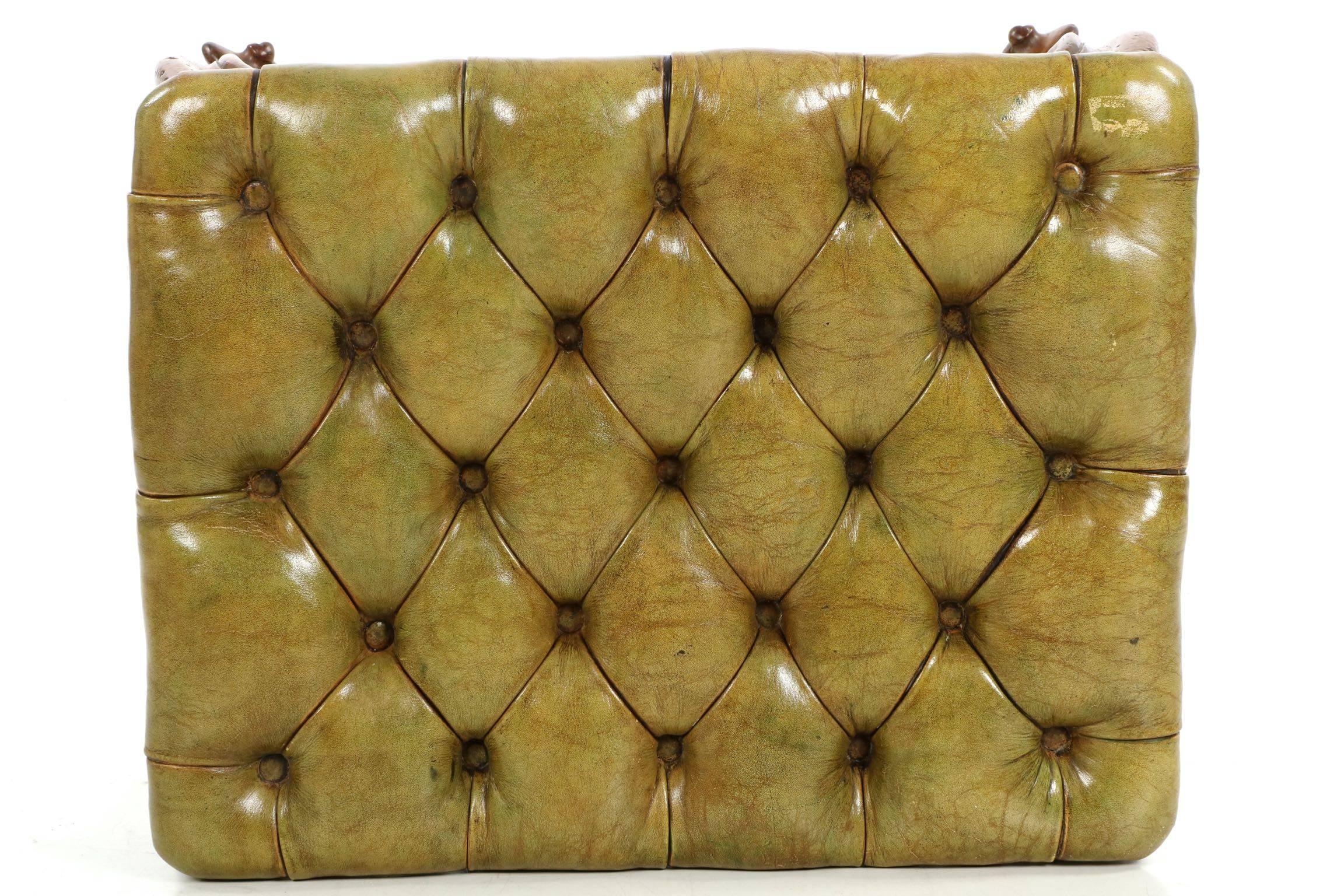 Carved French Rococo Green Tufted Leather Antique Footstool Ottoman