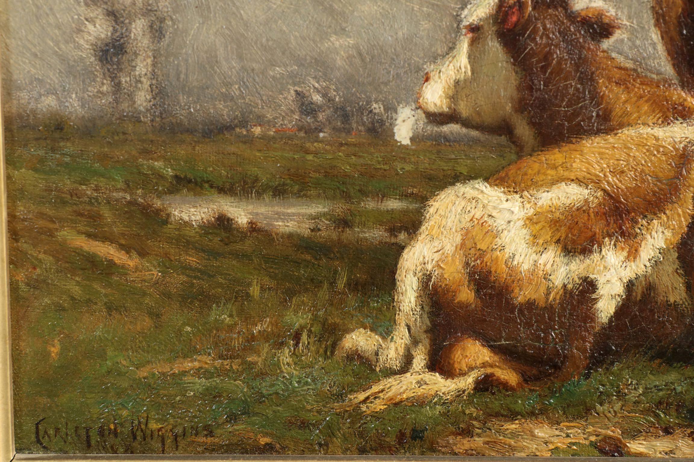 Carved John Carleton Wiggins Antique Barbizon Landscape Painting of Cows, circa 1888