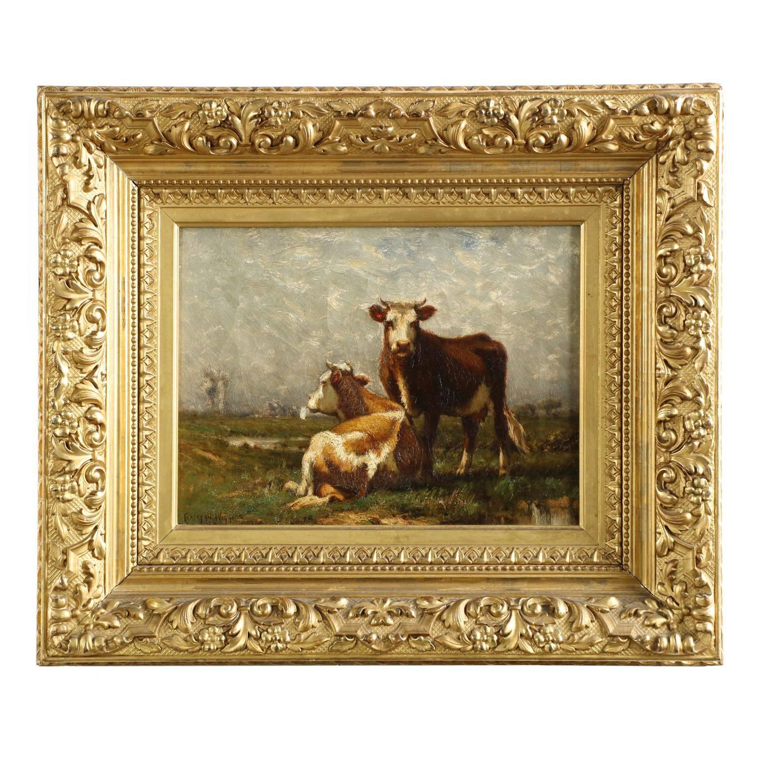 John Carleton Wiggins Antique Barbizon Landscape Painting of Cows, circa 1888