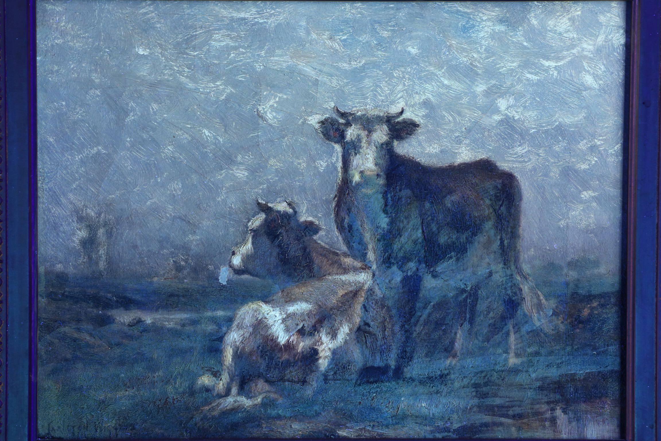 Canvas John Carleton Wiggins Antique Barbizon Landscape Painting of Cows, circa 1888