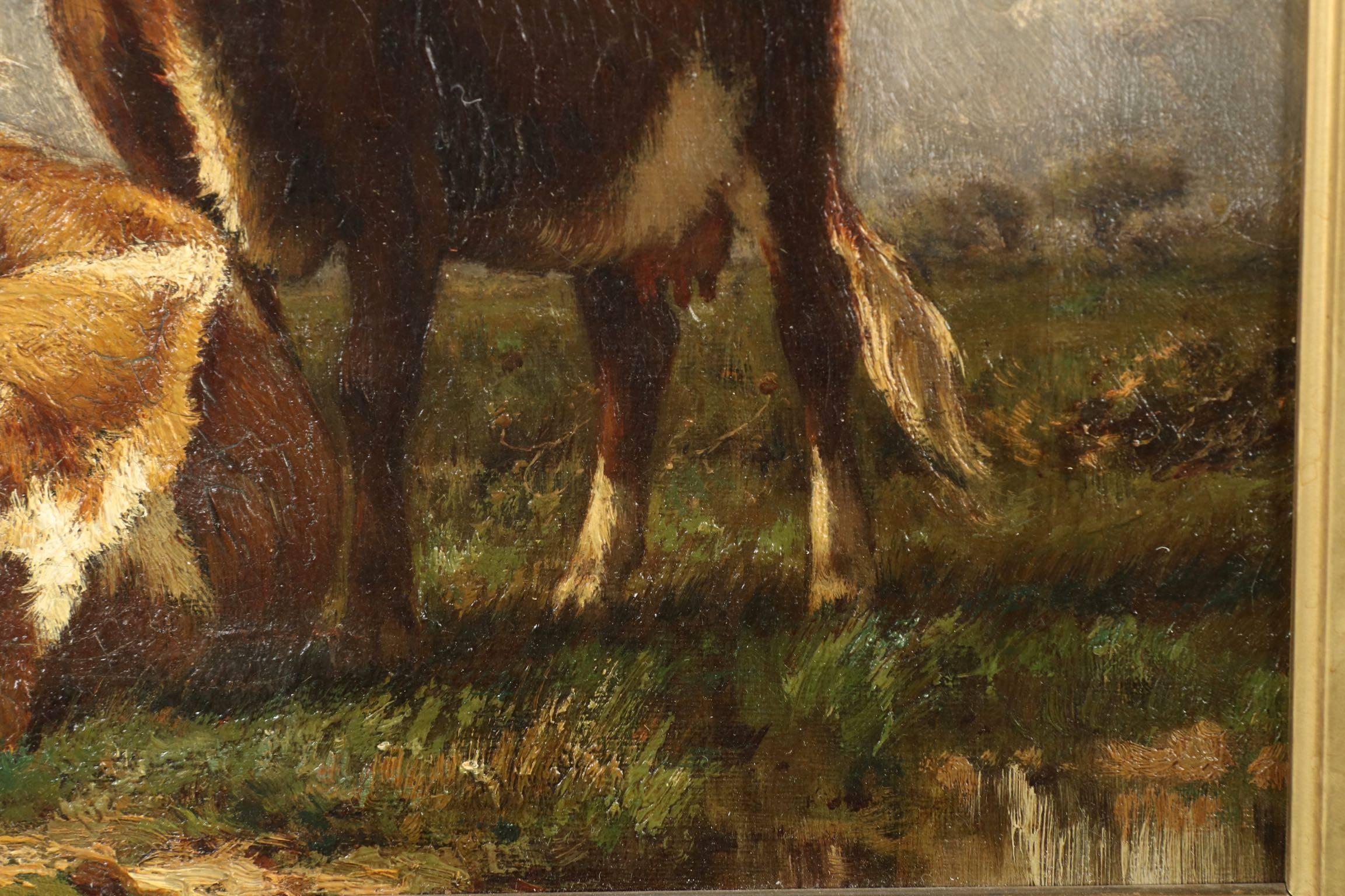 American John Carleton Wiggins Antique Barbizon Landscape Painting of Cows, circa 1888