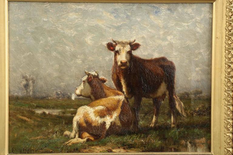 John Carleton Wiggins Antique Landscape Painting of Cows