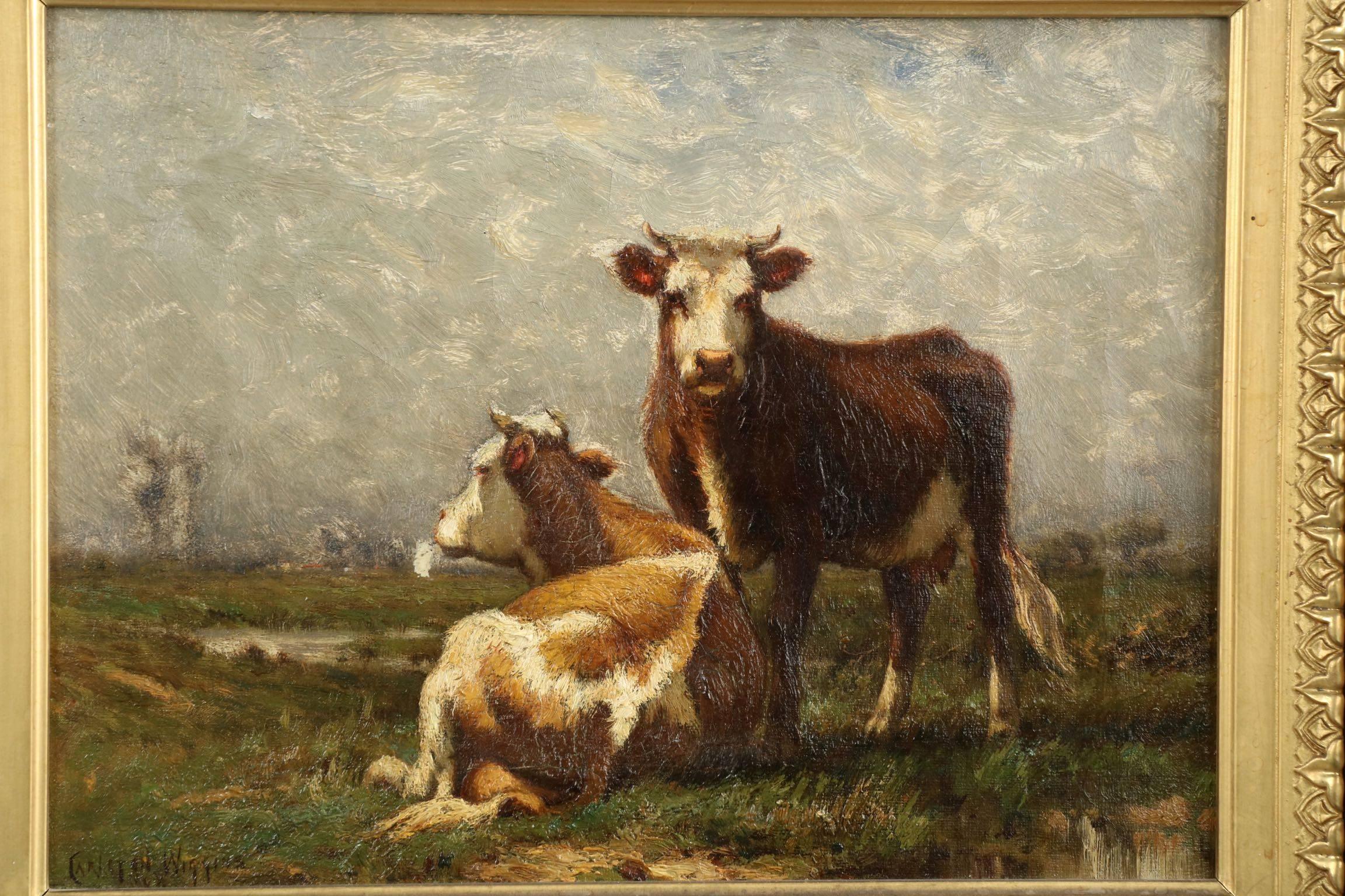 A fine and vibrant painting of two cows, the work has a very heavy atmosphere distinctly influenced by the Dutch and French Barbizon School. The surface is painted almost feverishly, the heavy impasto literally raising dimension to bring the subject