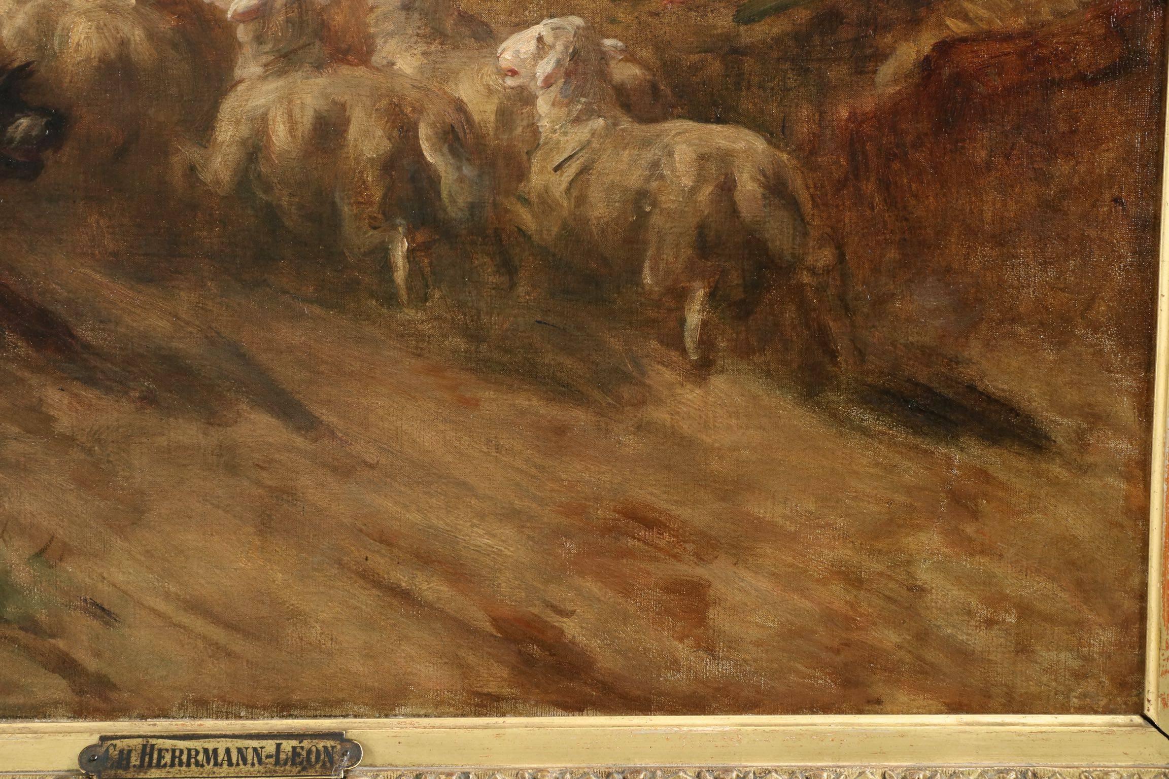 Canvas Charles Herrmann-Léon Antique Painting of Dog Herding Sheep