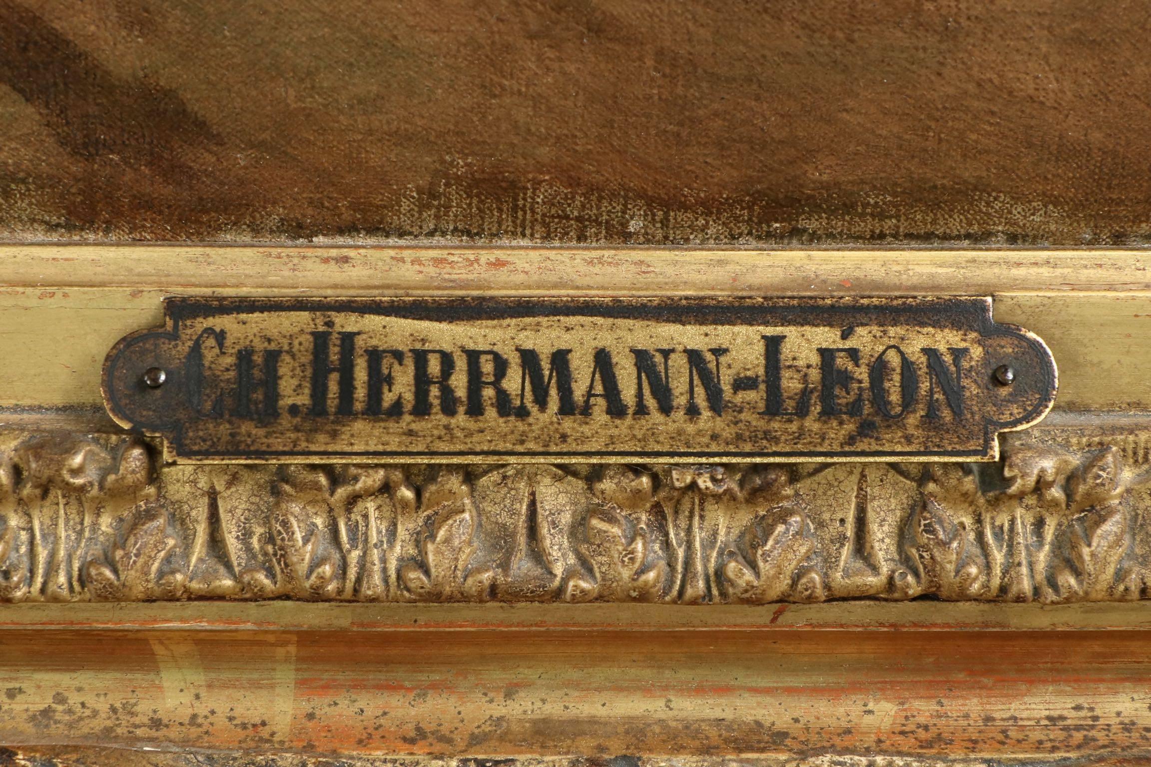 Charles Herrmann-Léon Antique Painting of Dog Herding Sheep 1
