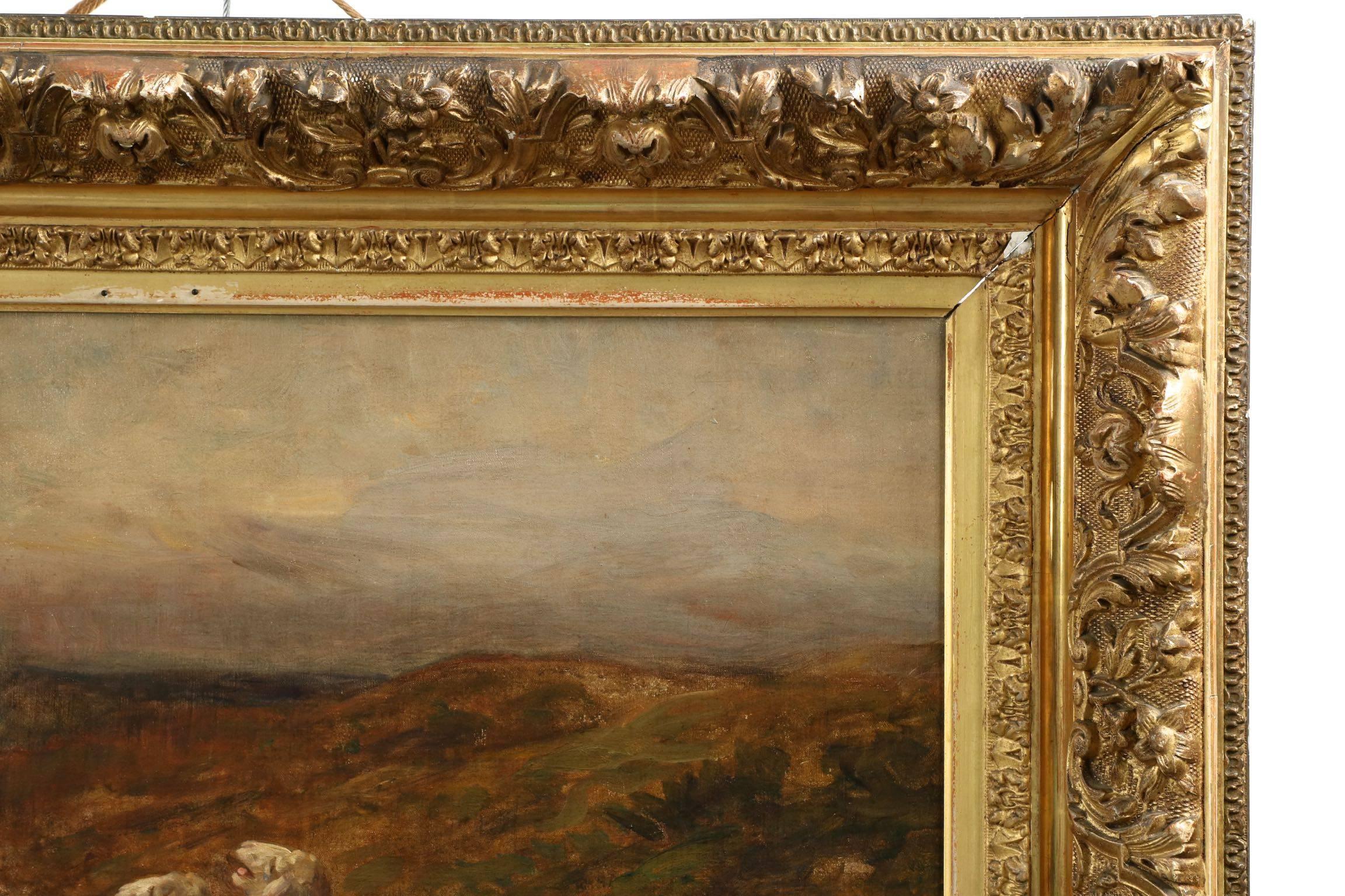 French Charles Herrmann-Léon Antique Painting of Dog Herding Sheep