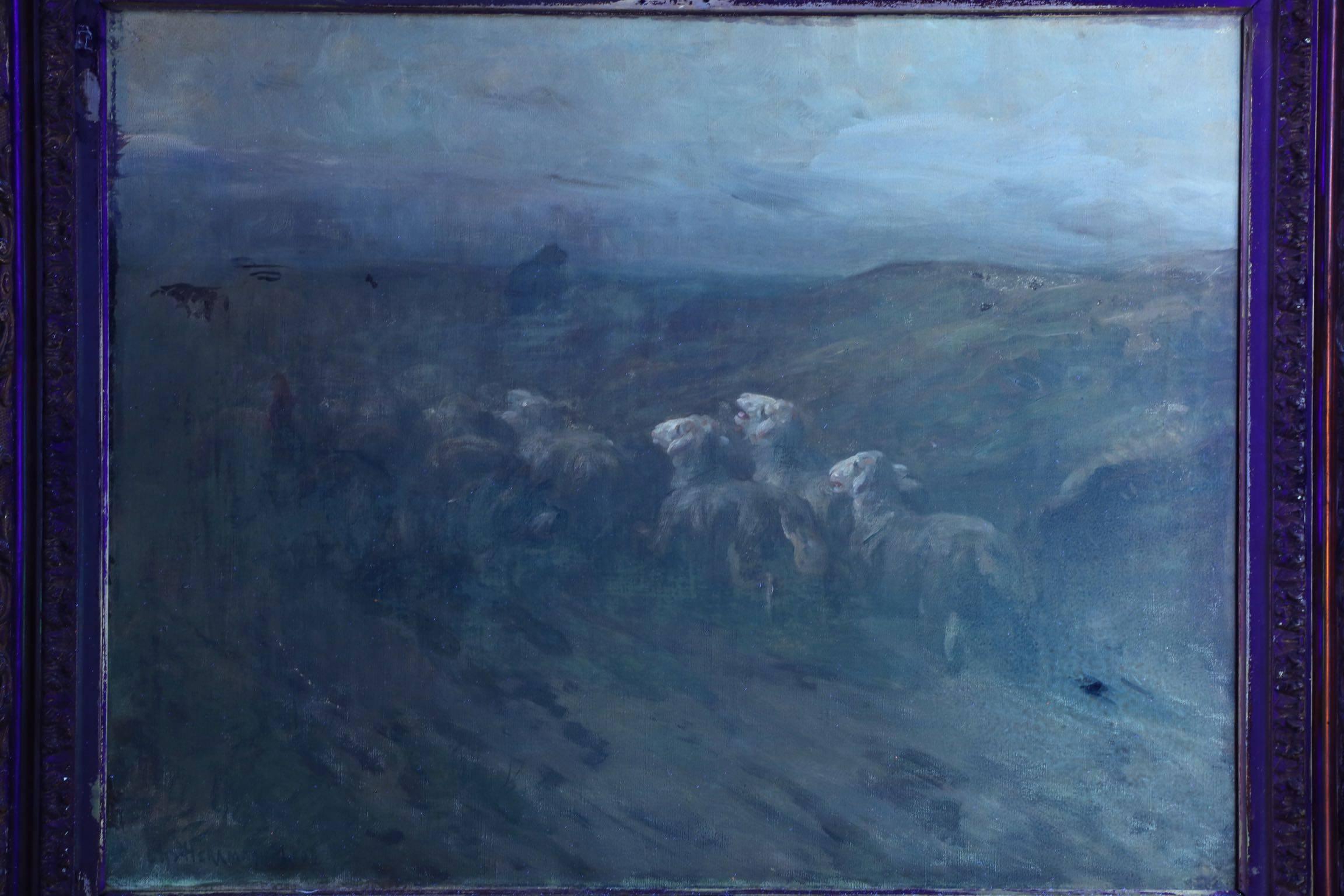 Charles Herrmann-Léon Antique Painting of Dog Herding Sheep 3