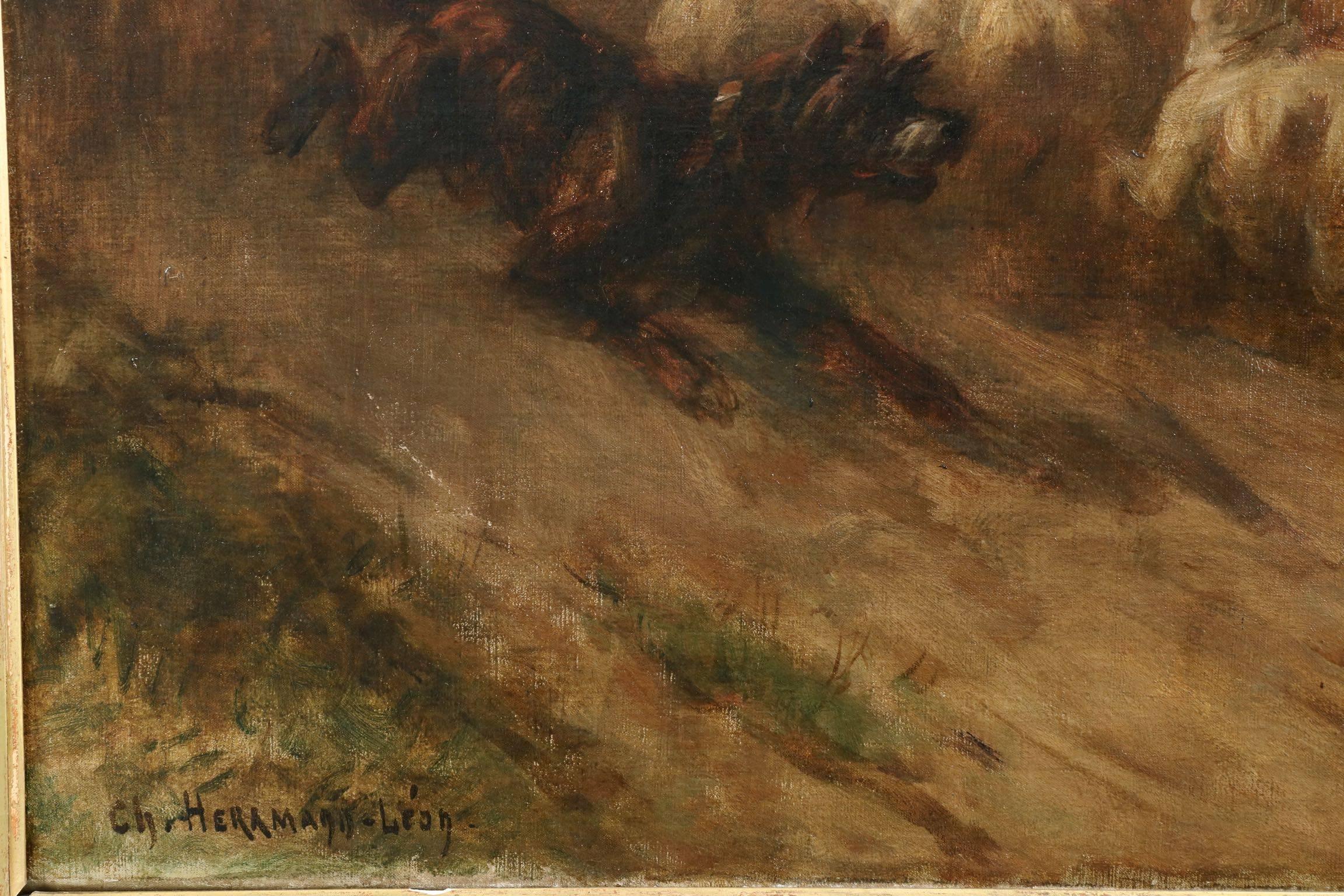 Charles Herrmann-Léon Antique Painting of Dog Herding Sheep In Good Condition In Shippensburg, PA