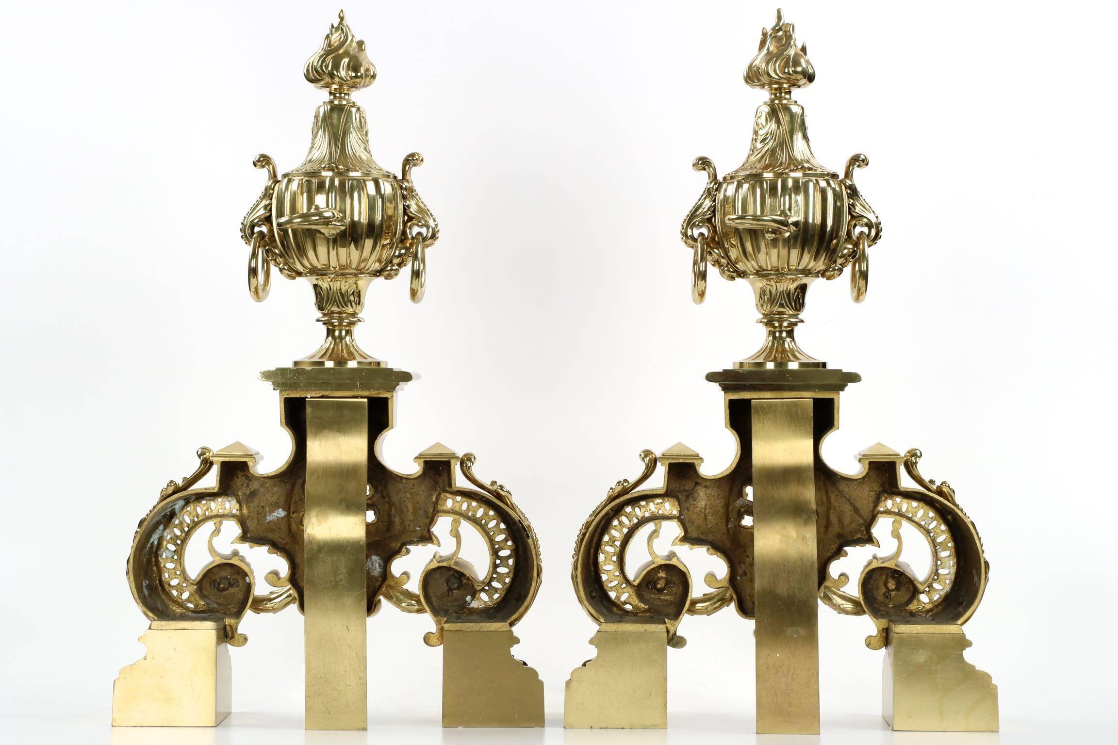 French Pair of Barbedienne Brass Louis XVI Style Chenets Antique Andirons, 19th Century