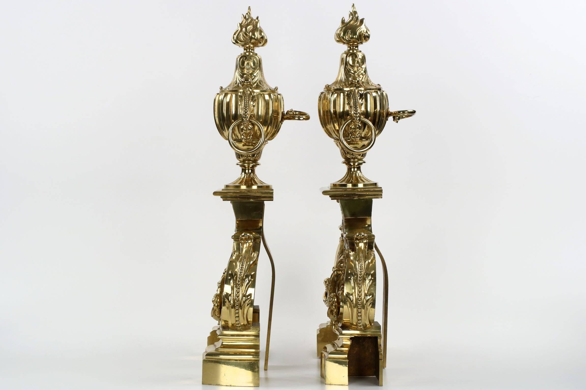 Plated Pair of Barbedienne Brass Louis XVI Style Chenets Antique Andirons, 19th Century