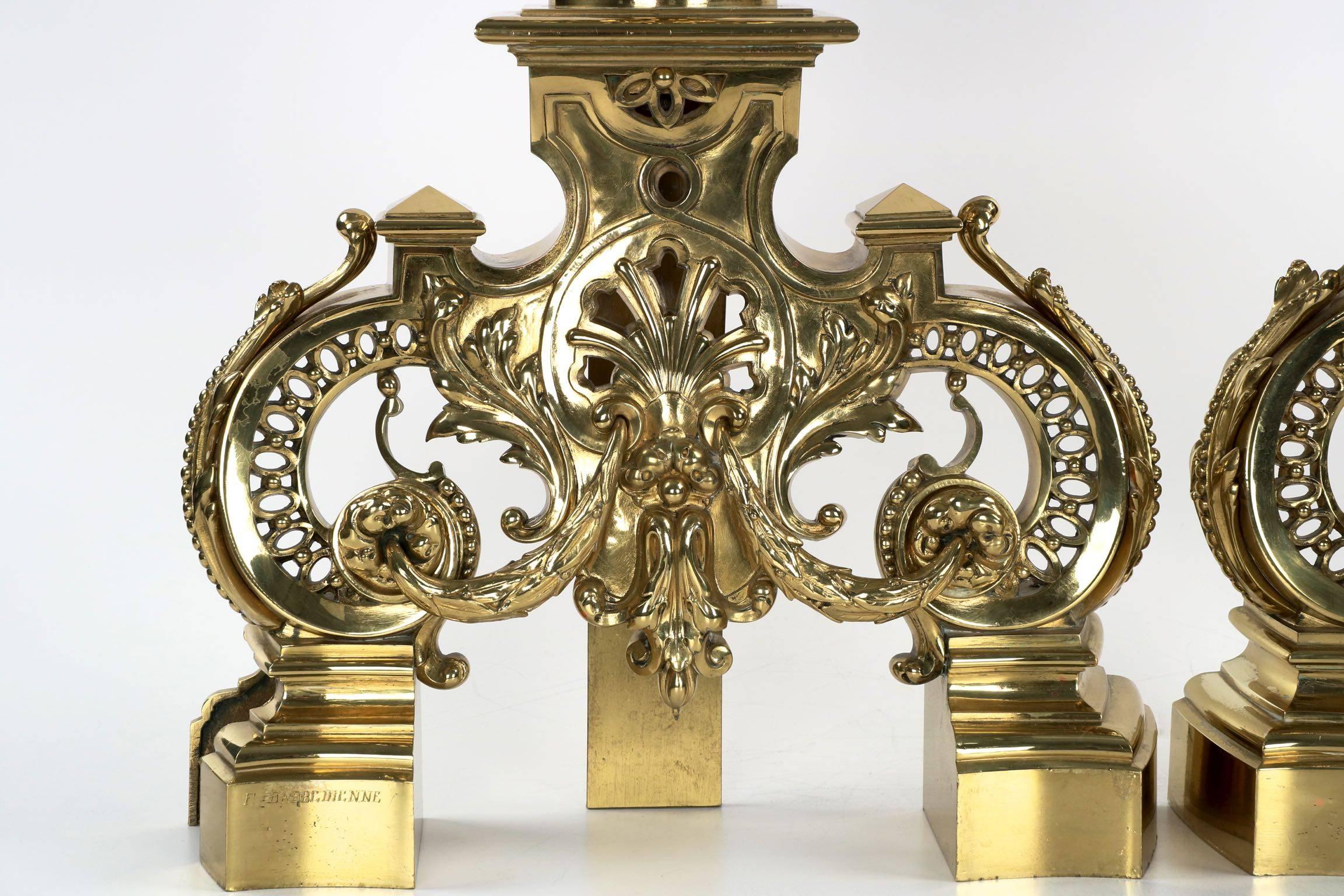 Pair of Barbedienne Brass Louis XVI Style Chenets Antique Andirons, 19th Century 2
