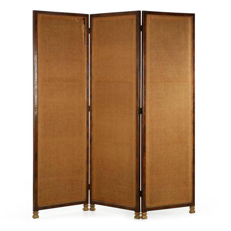 Large English Regency Style Mahogany and Burlap Room Divider Screen at
