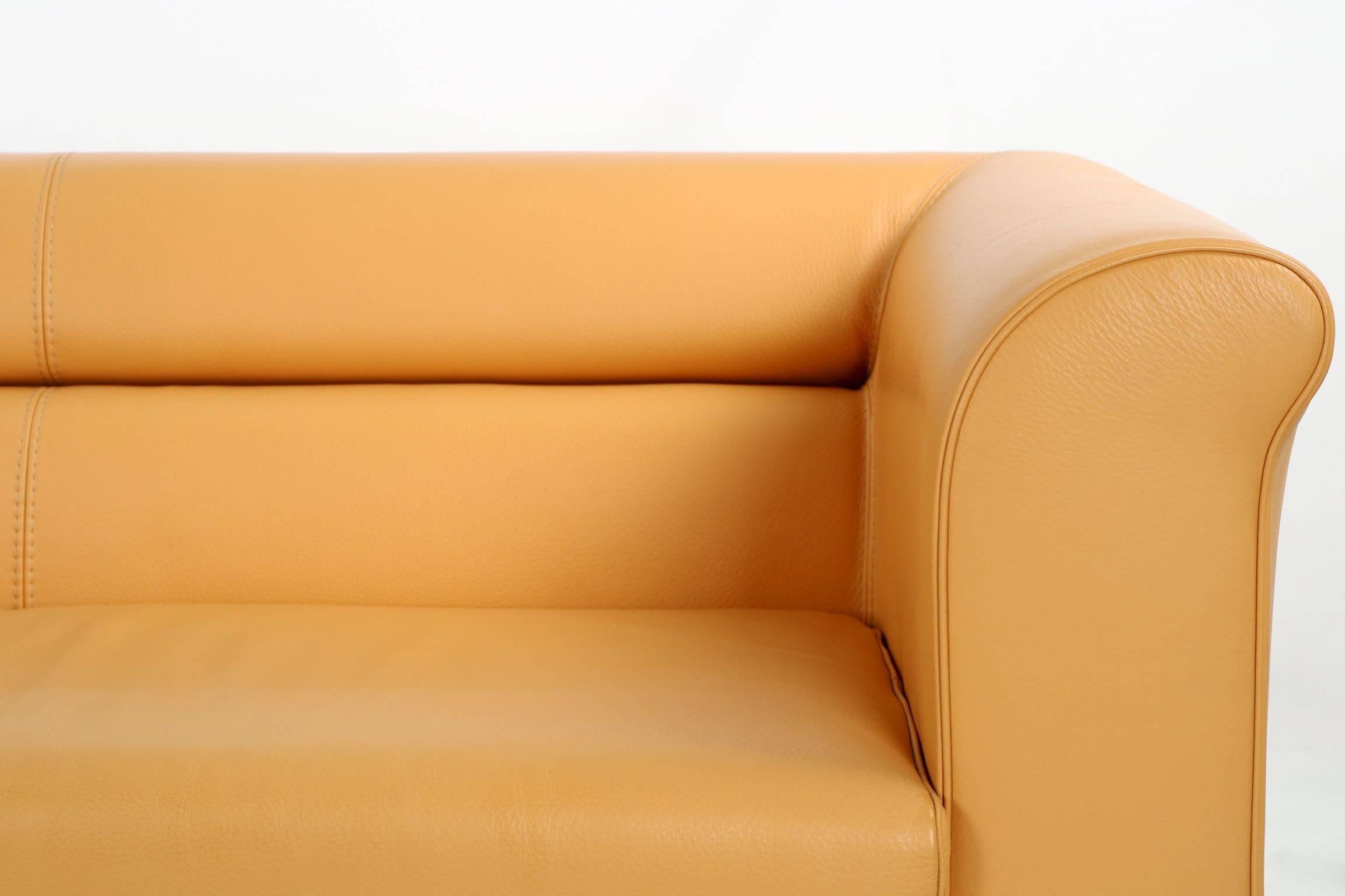 Contemporary Roche Bobois Designer Caramel Leather and Steel Loveseat Sofa, 21st Century