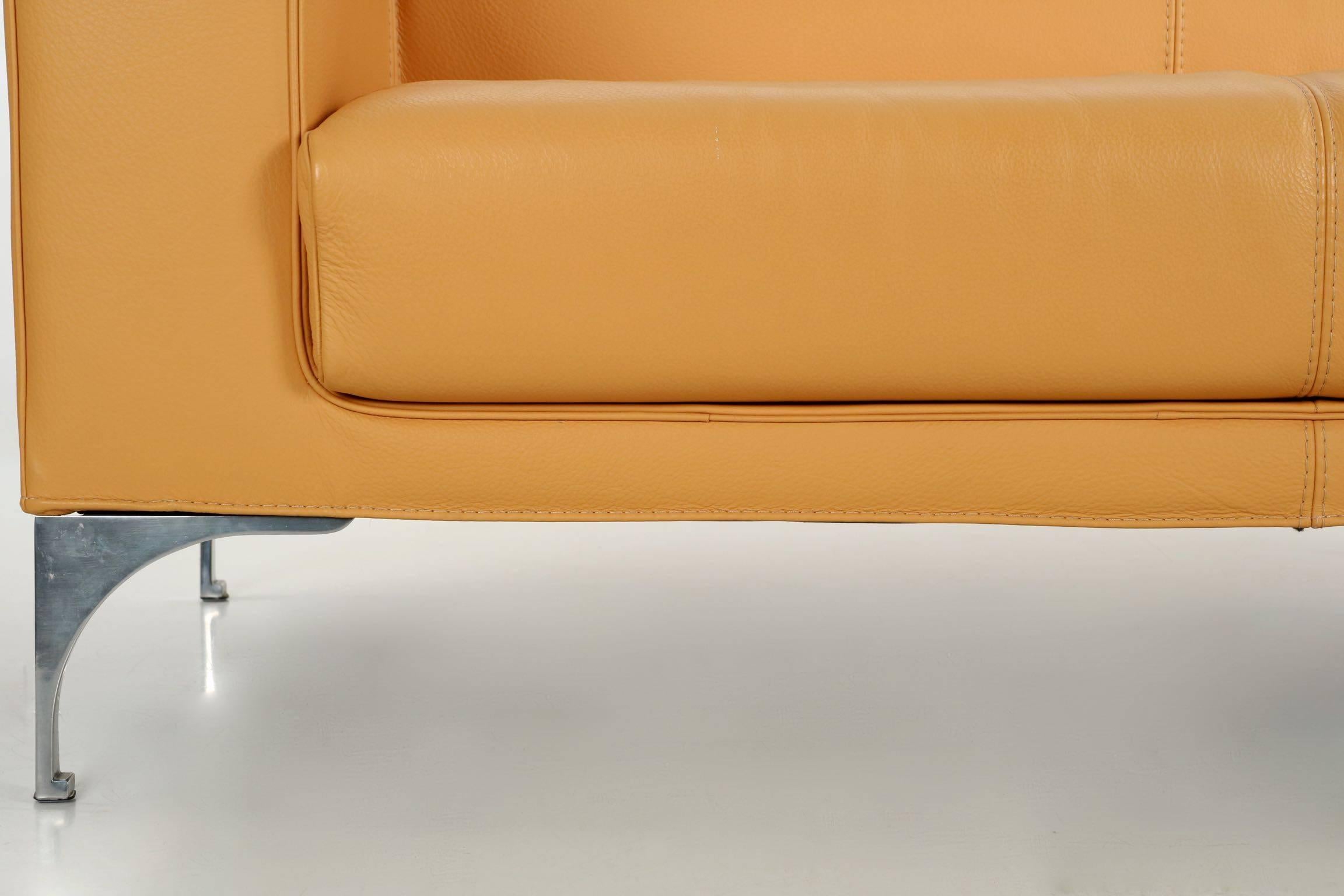Modern Roche Bobois Designer Caramel Leather and Steel Loveseat Sofa, 21st Century