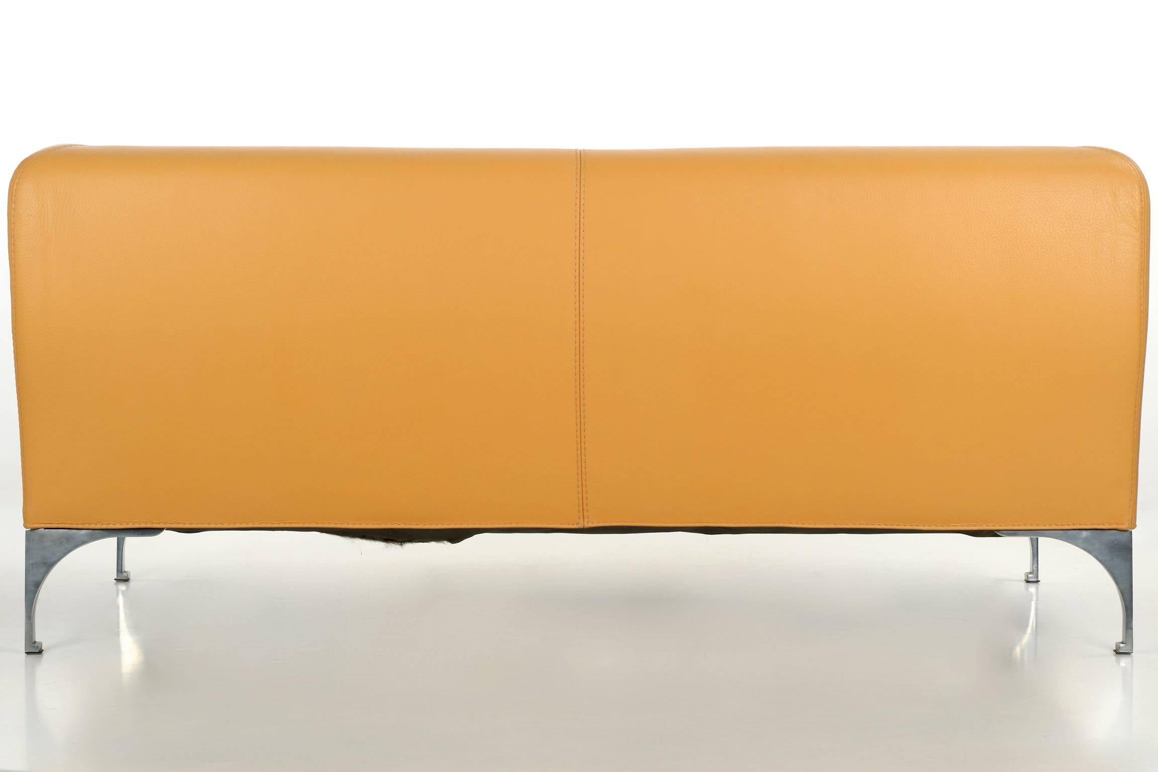 Roche Bobois Designer Caramel Leather and Steel Loveseat Sofa, 21st Century 3