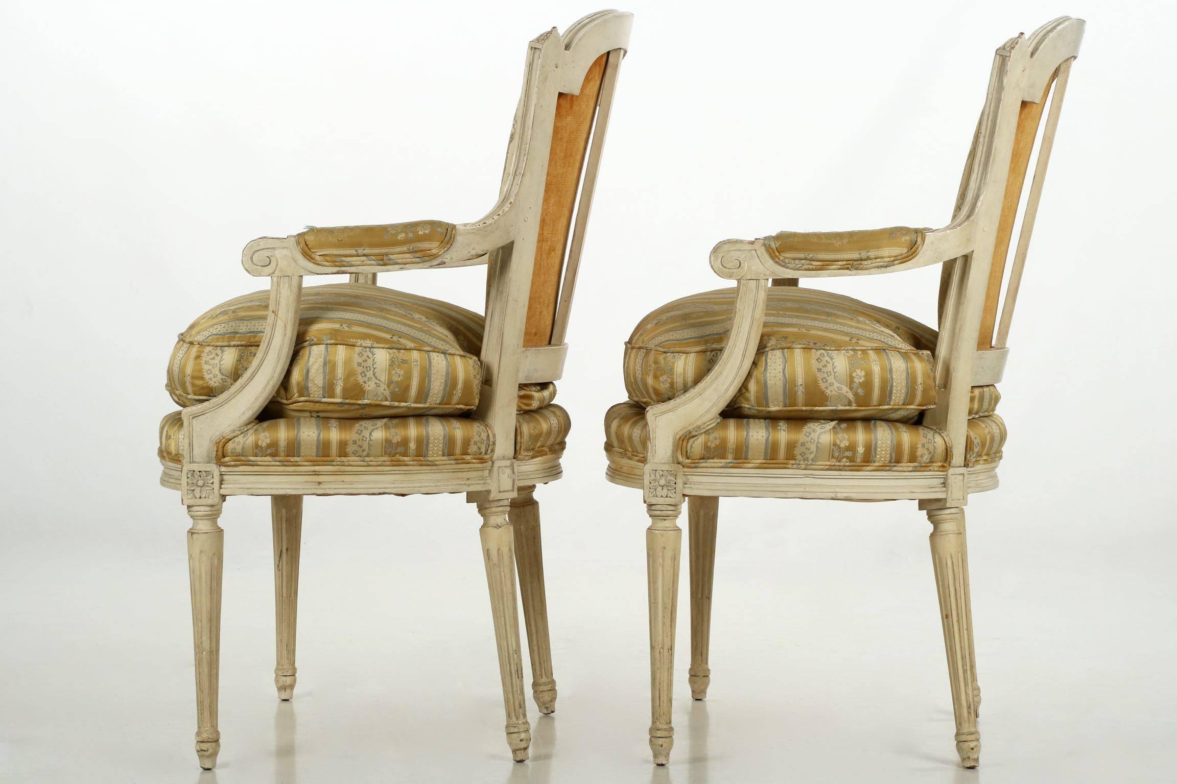 20th Century French Louis XVI Style Vintage Distressed Painted Fauteuils Armchairs