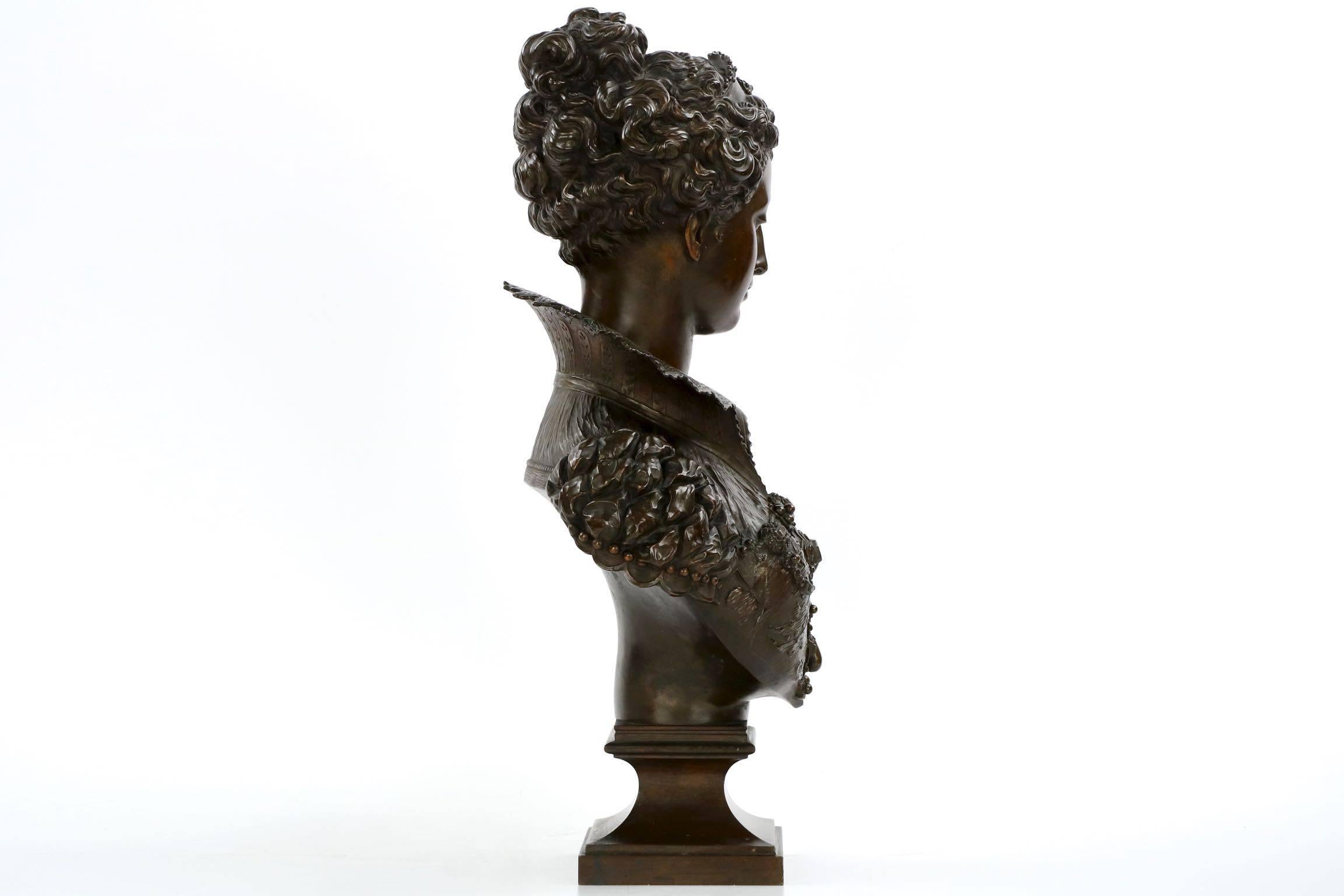 Patinated Pair of Mathurin Moreau Renaissance Bronze Sculpture Busts