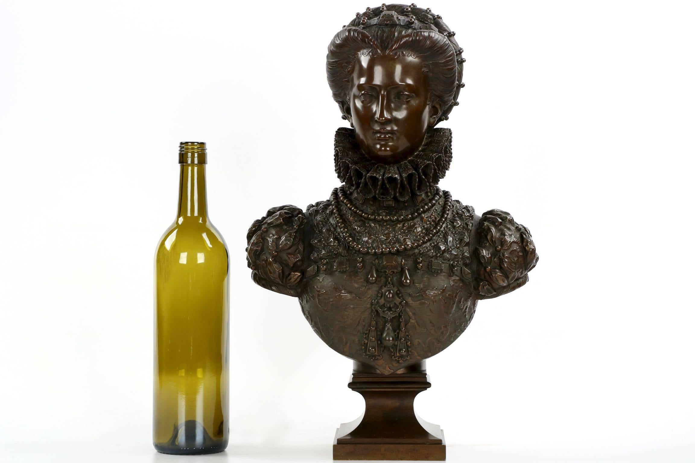 A powerful pair of Renaissance era figures modeled after the cast by Mathurin Moreau, the busts appear to represent Marie de Médici, Queen of France from 1600-1610, and Mary Queen of Scots, Queen consort of France from 1559-1560. There has also been