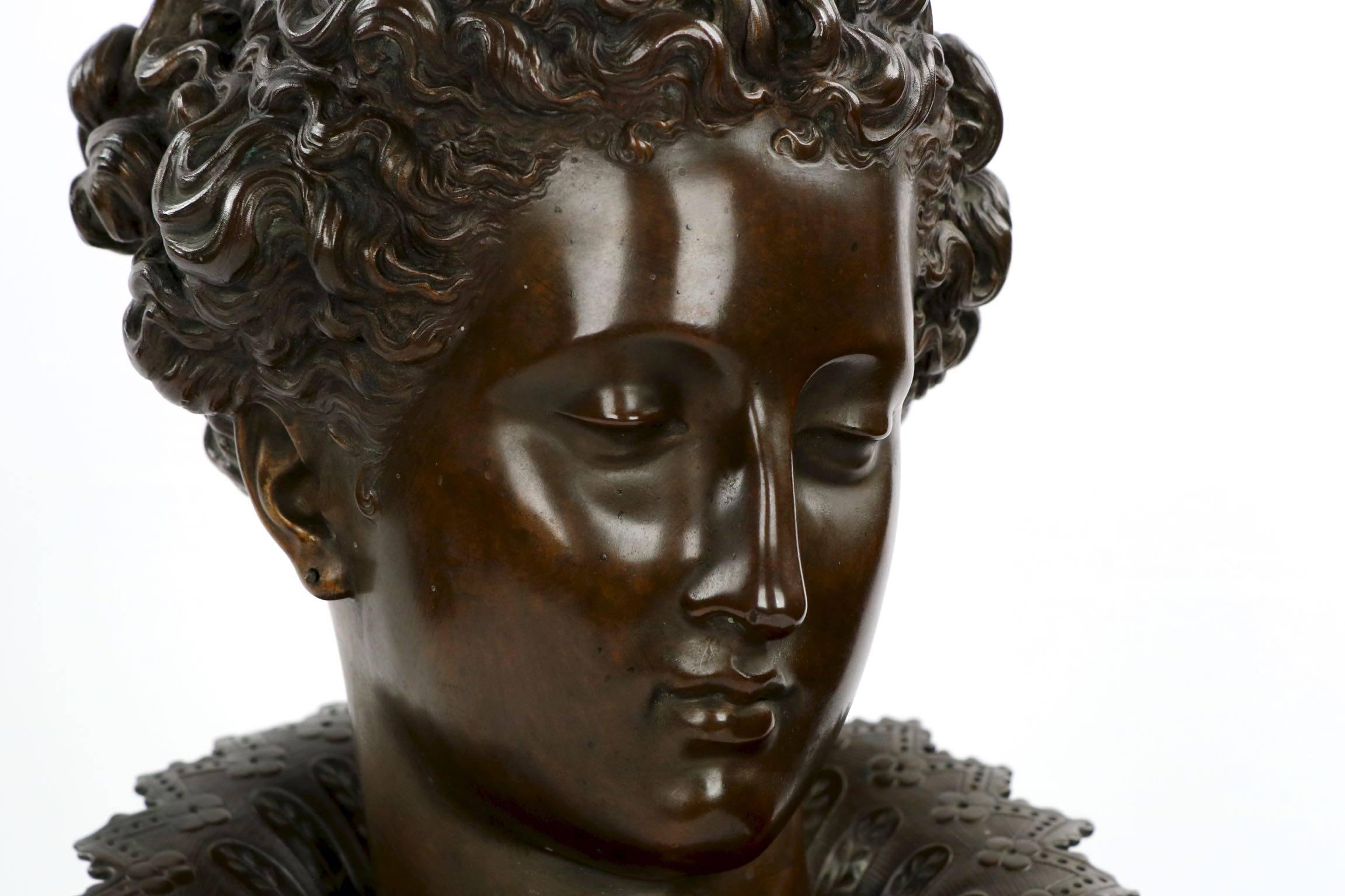 French Pair of Mathurin Moreau Renaissance Bronze Sculpture Busts