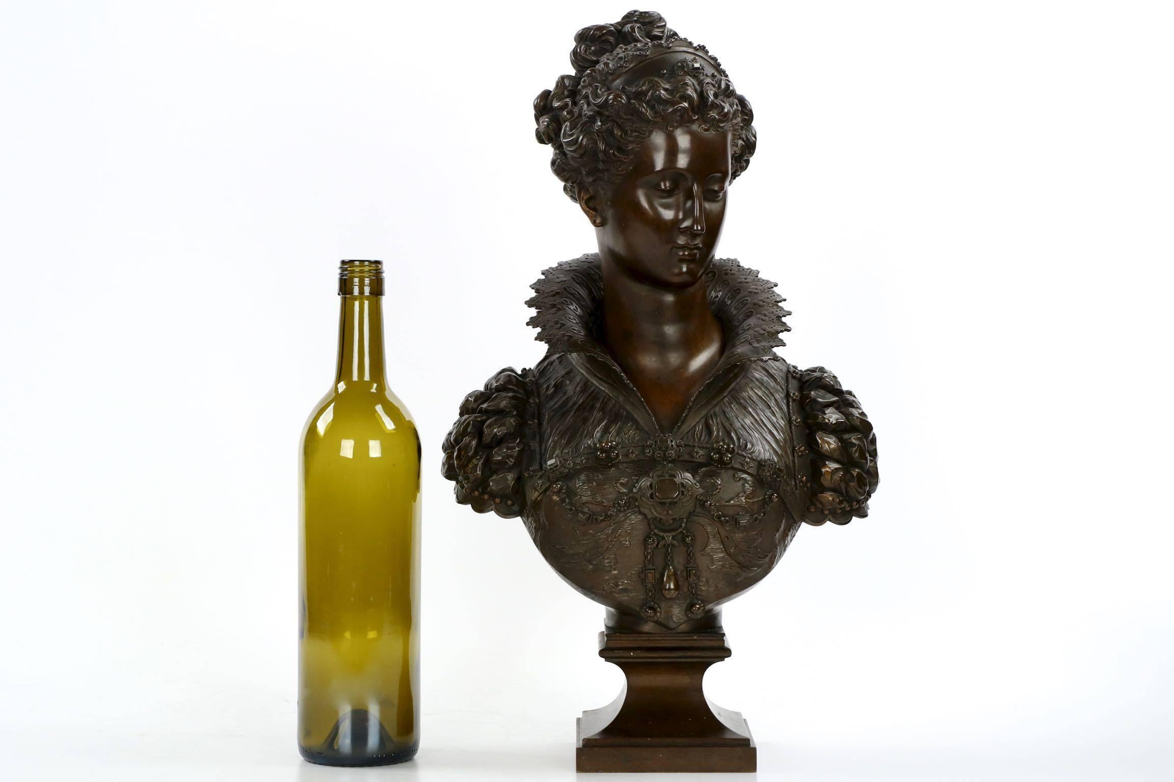 Romantic Pair of Mathurin Moreau Renaissance Bronze Sculpture Busts