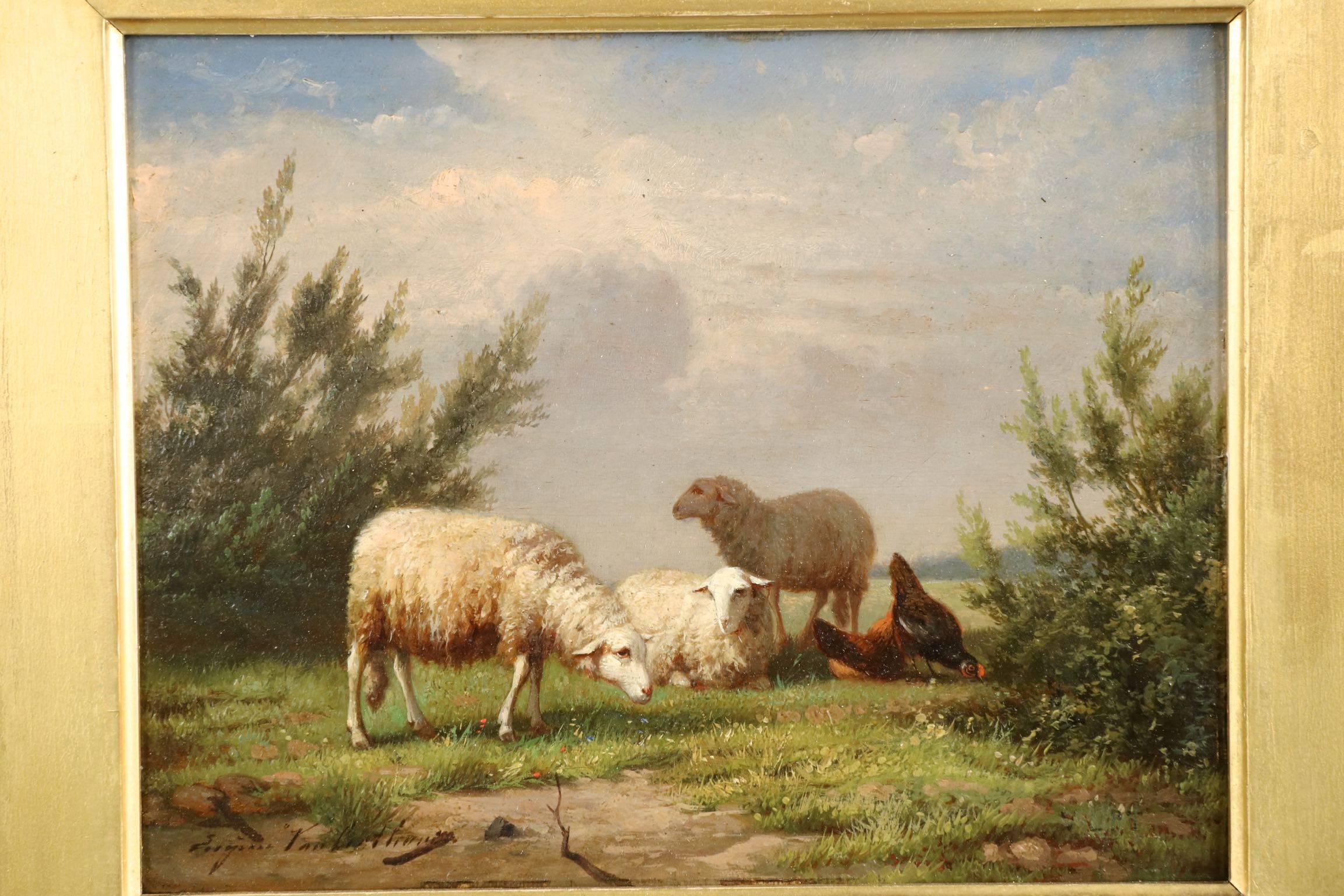 A delightful scene of sheep at pasture with a few chickens resting amongst them in the shade of some small foliage. The bright scene is typical of Verboeckhoven (1798-1881), whose nostalgic works depicting the rural countryside were highly sought