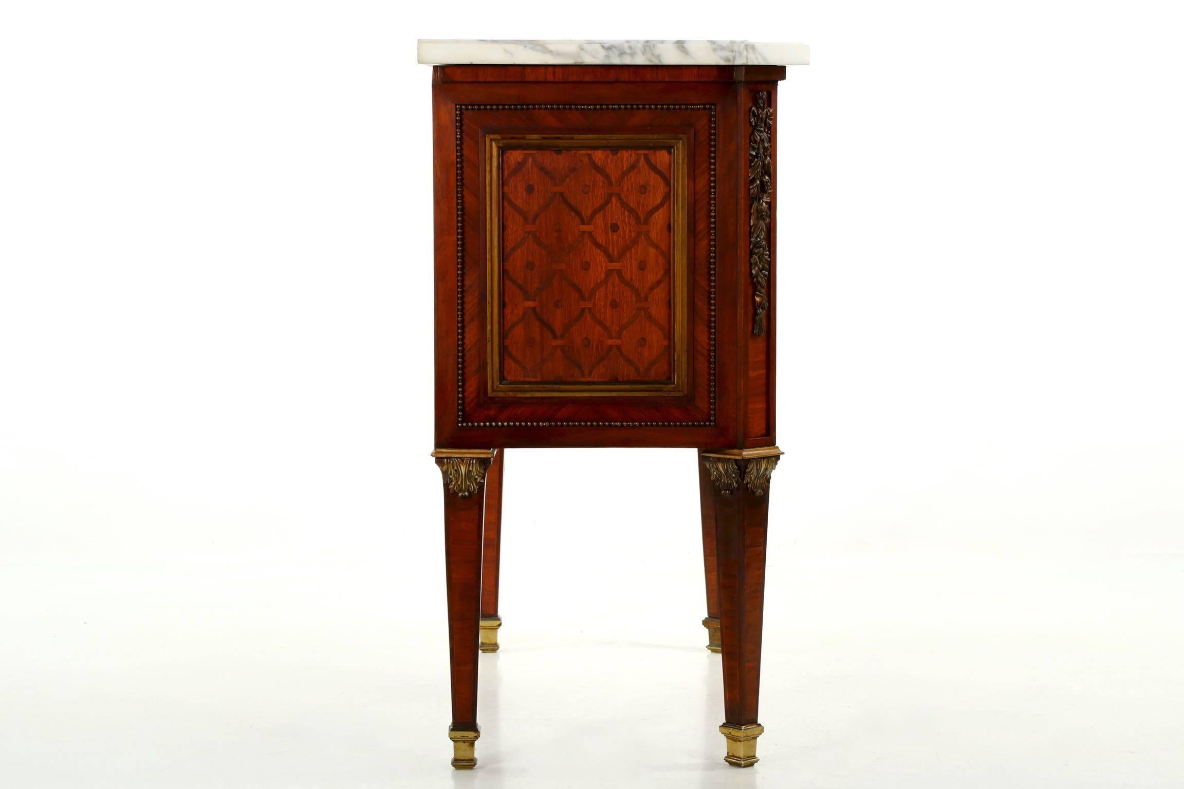 Belle Époque French Neoclassical Bronze and Marble Parquetry Inlaid Commode, circa 1880