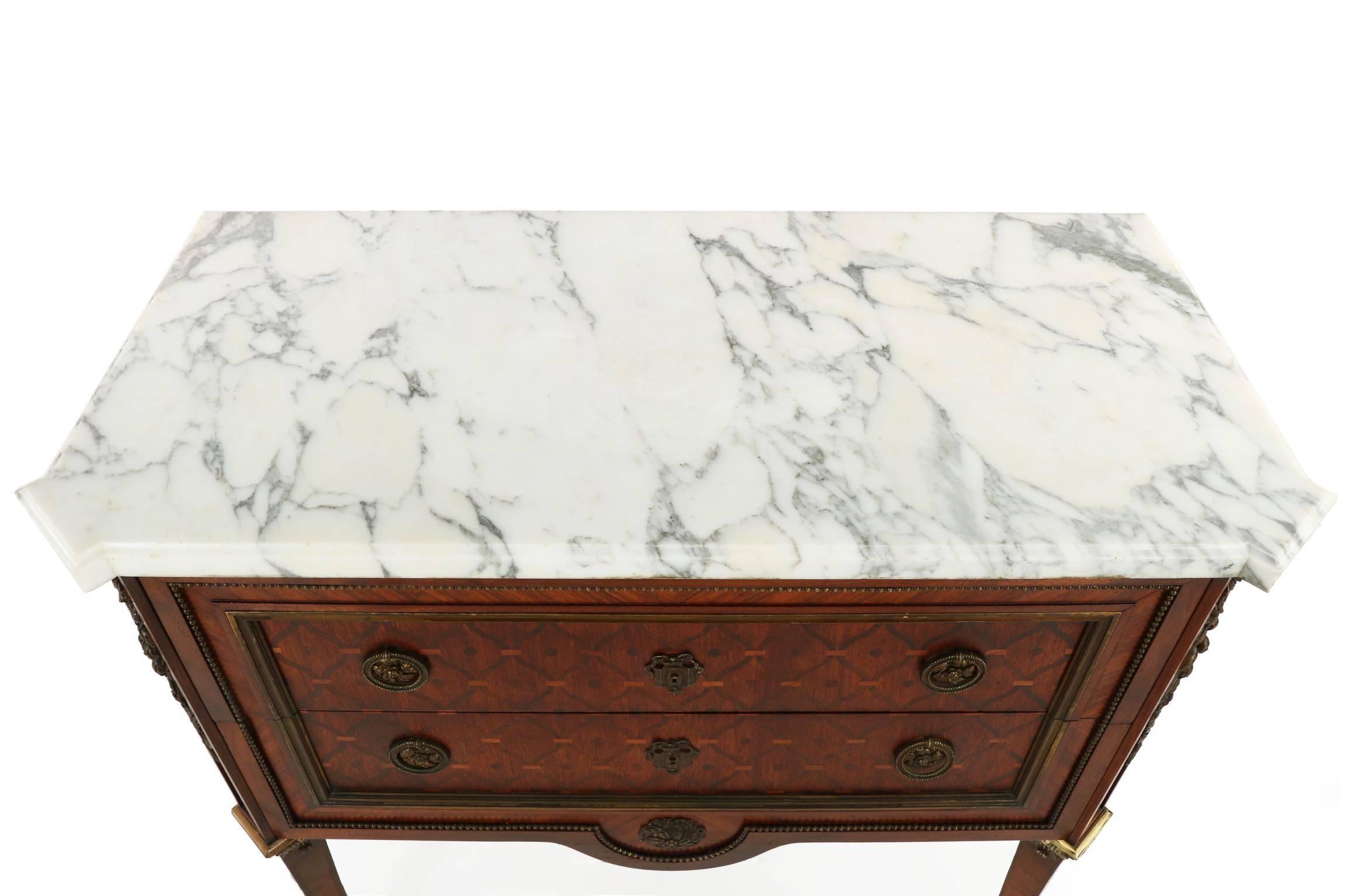French Neoclassical Bronze and Marble Parquetry Inlaid Commode, circa 1880 1