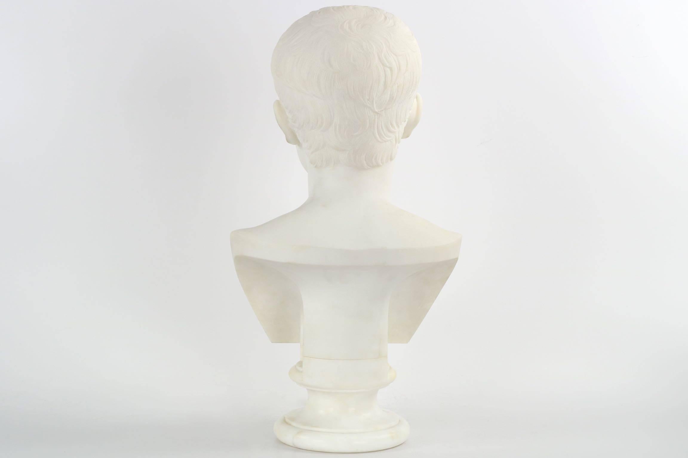 Carved 19th Century Grand Tour Antique Marble Bust Sculpture of Young Caesar Augustus