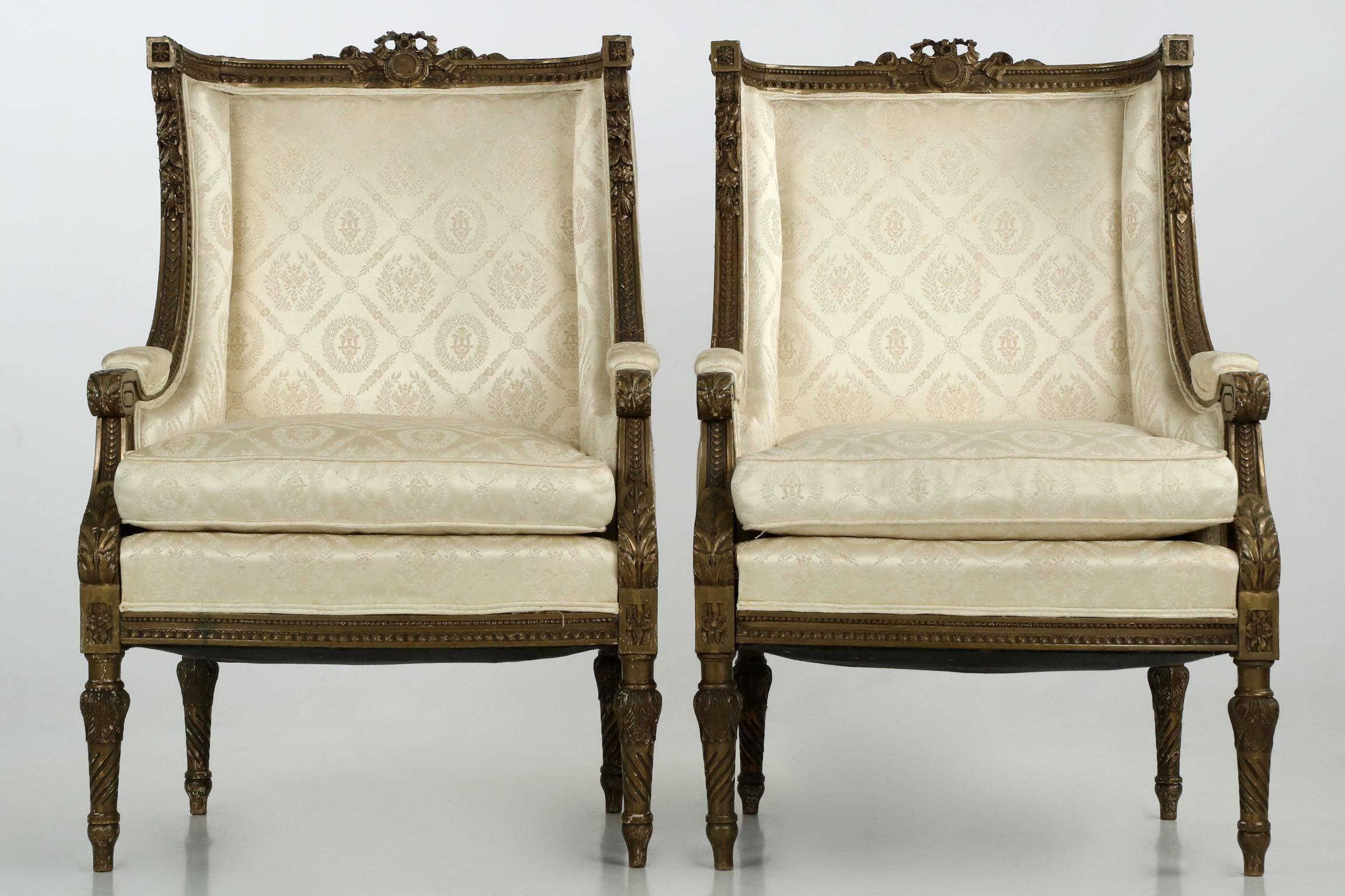 Carved 19th Century French Louis XVI Style Green Suite of Antique Settee and Two Chairs