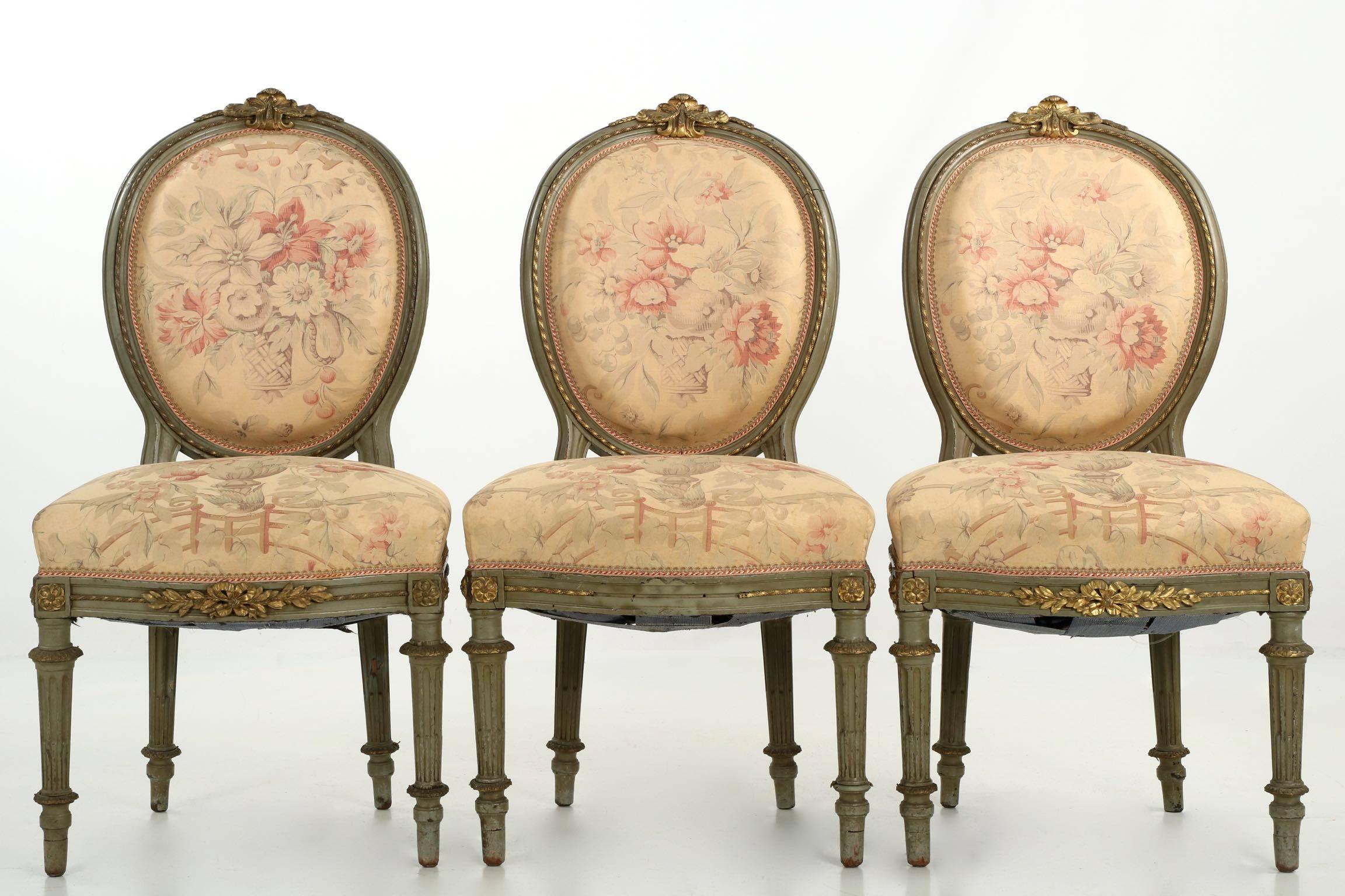 European Set of Five French Louis XVI Style Antique Side and Armchairs, 19th Century