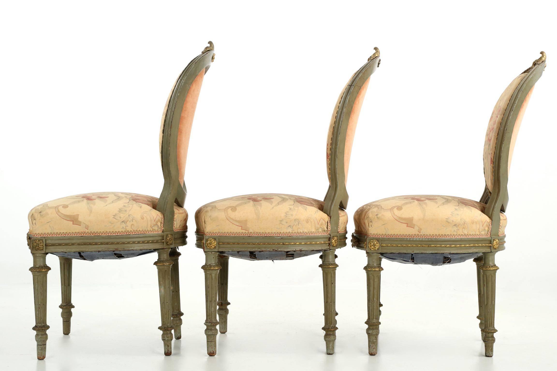 Gilt Set of Five French Louis XVI Style Antique Side and Armchairs, 19th Century